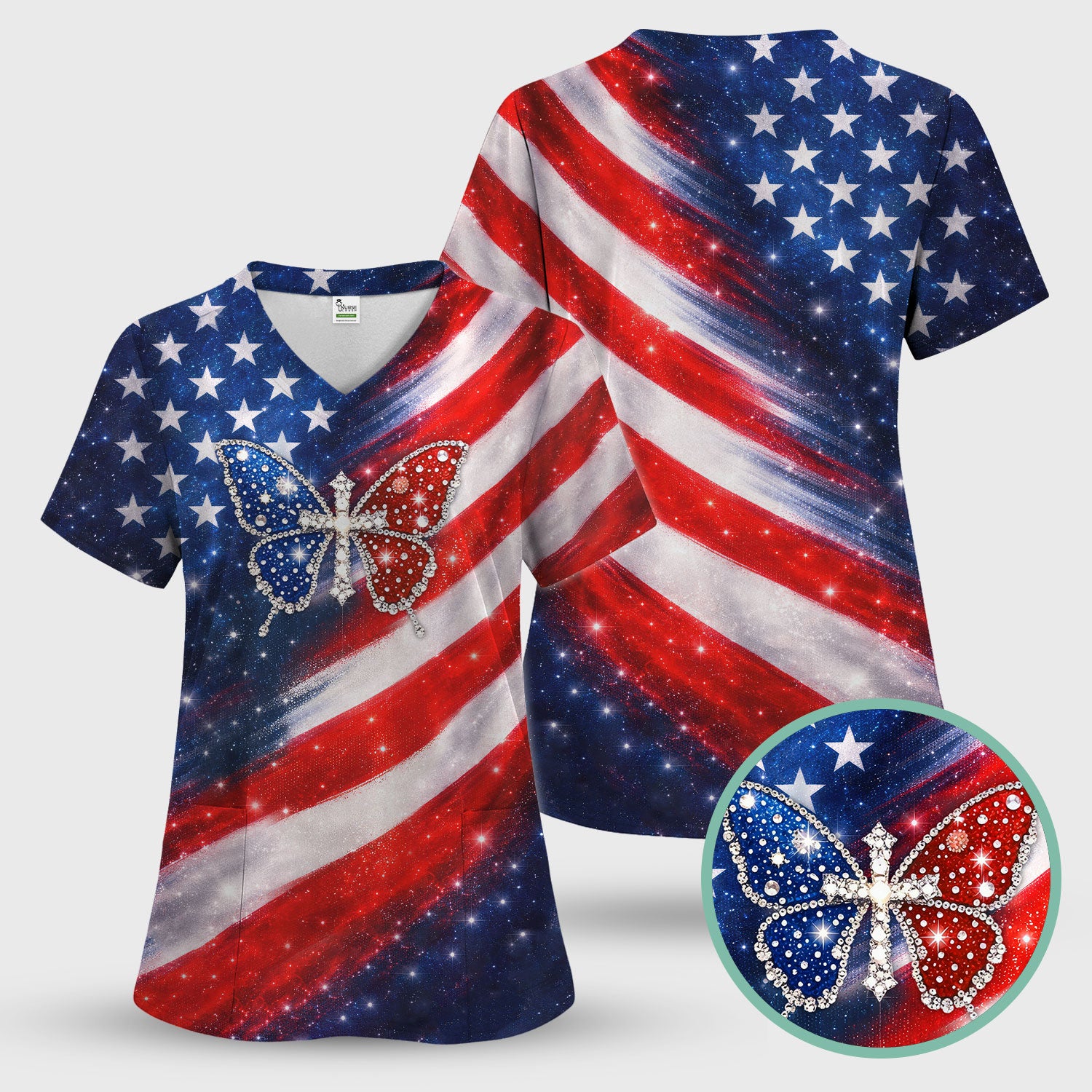 USA Flag Glitter Butterfly Rhinestone Pattern Scrub Sets, Breathable Med Uniform