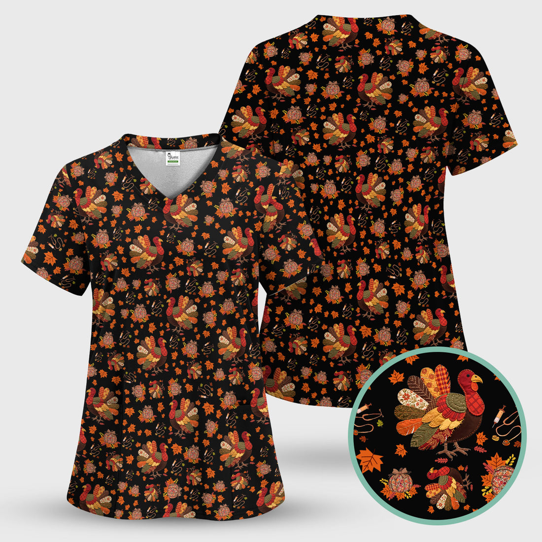 Fall Leaves Thanksgiving Scrubs for Nurses - Comfortable Scrub Tops - Turkey Nursing Uniform Gift for Women