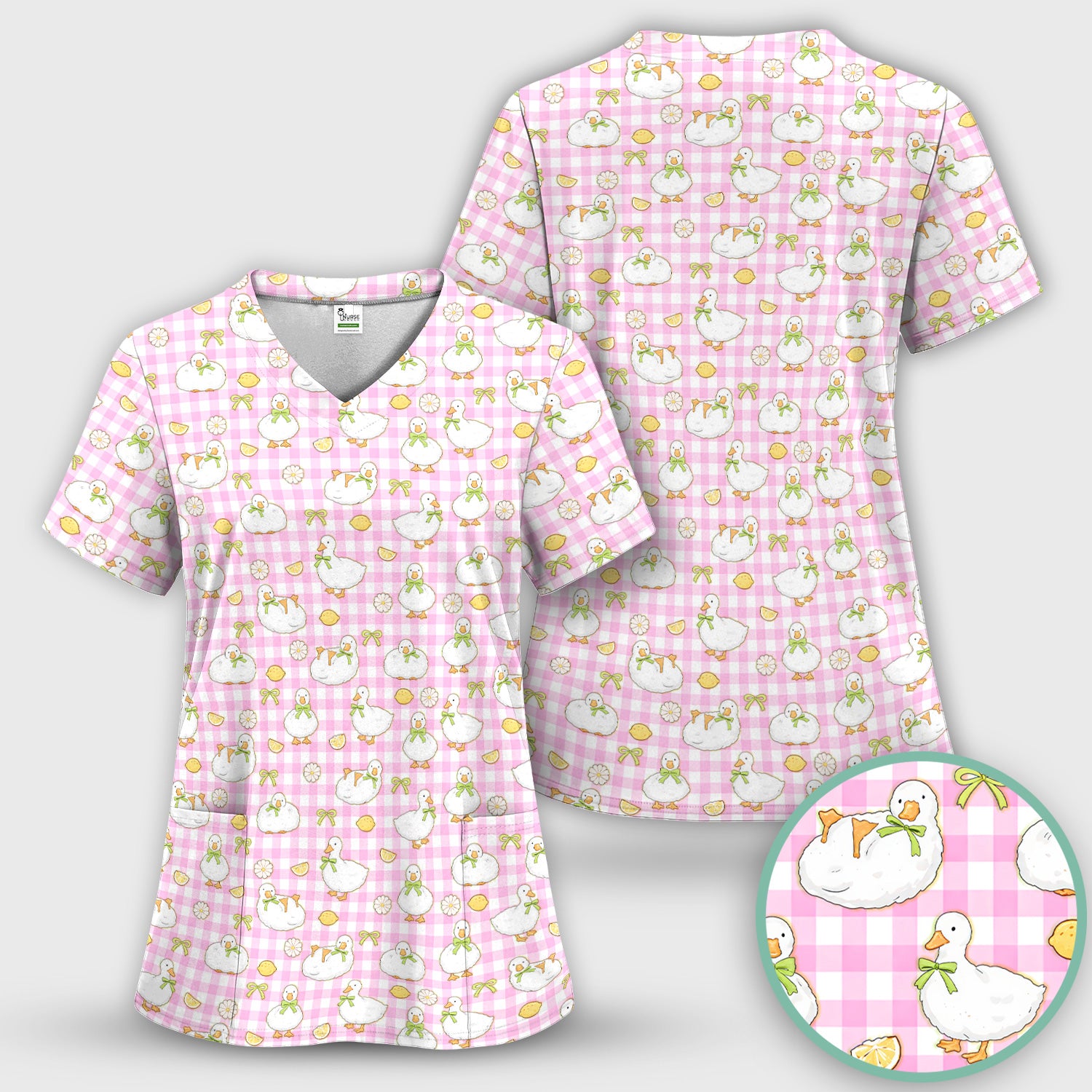 Adorable Ducks Lemon Daisy Pattern Scrubs Top, Comfortable Scrubs for Nurses