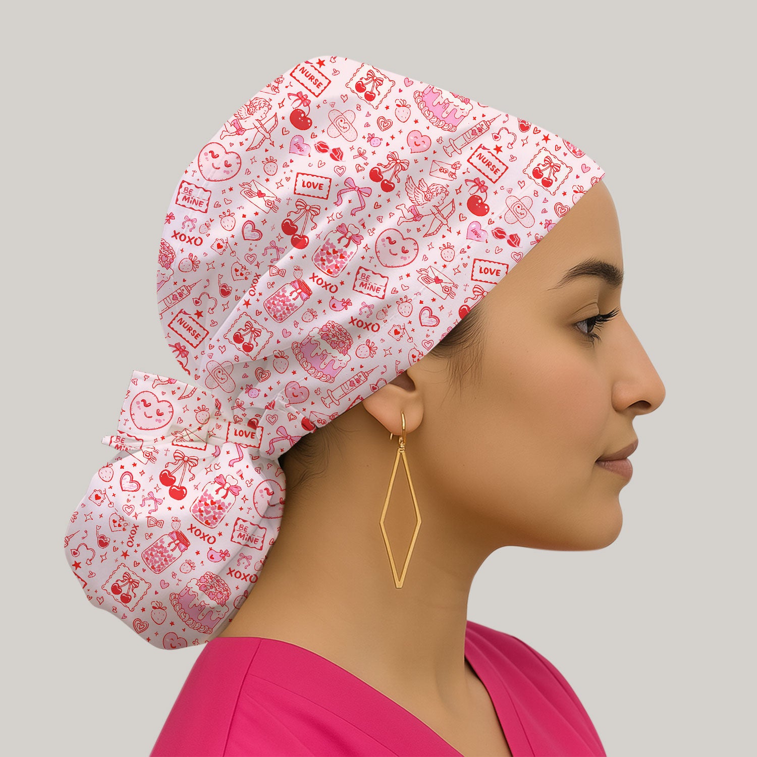 Valentine Pink XOXO Pattern Nurse Scrub Cap, Comfortable Uniform Scrubs For Nursing