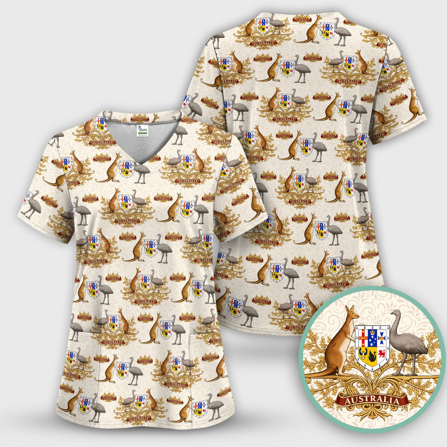 Australian National Crest Kangaroo Emu Scrub Set, Women's Scrub Sets