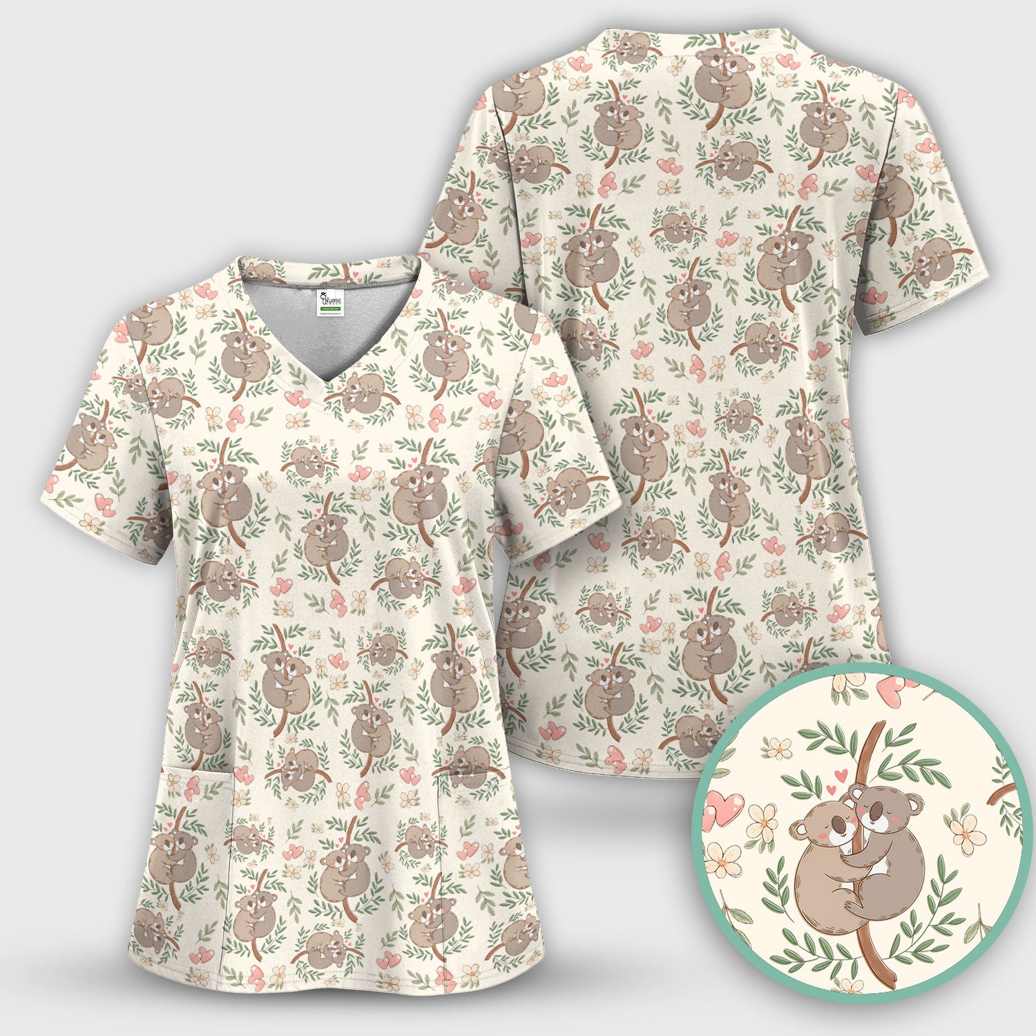 Cute Koala Couple Floral Medical Print Scrub Set, Women's Scrub Sets