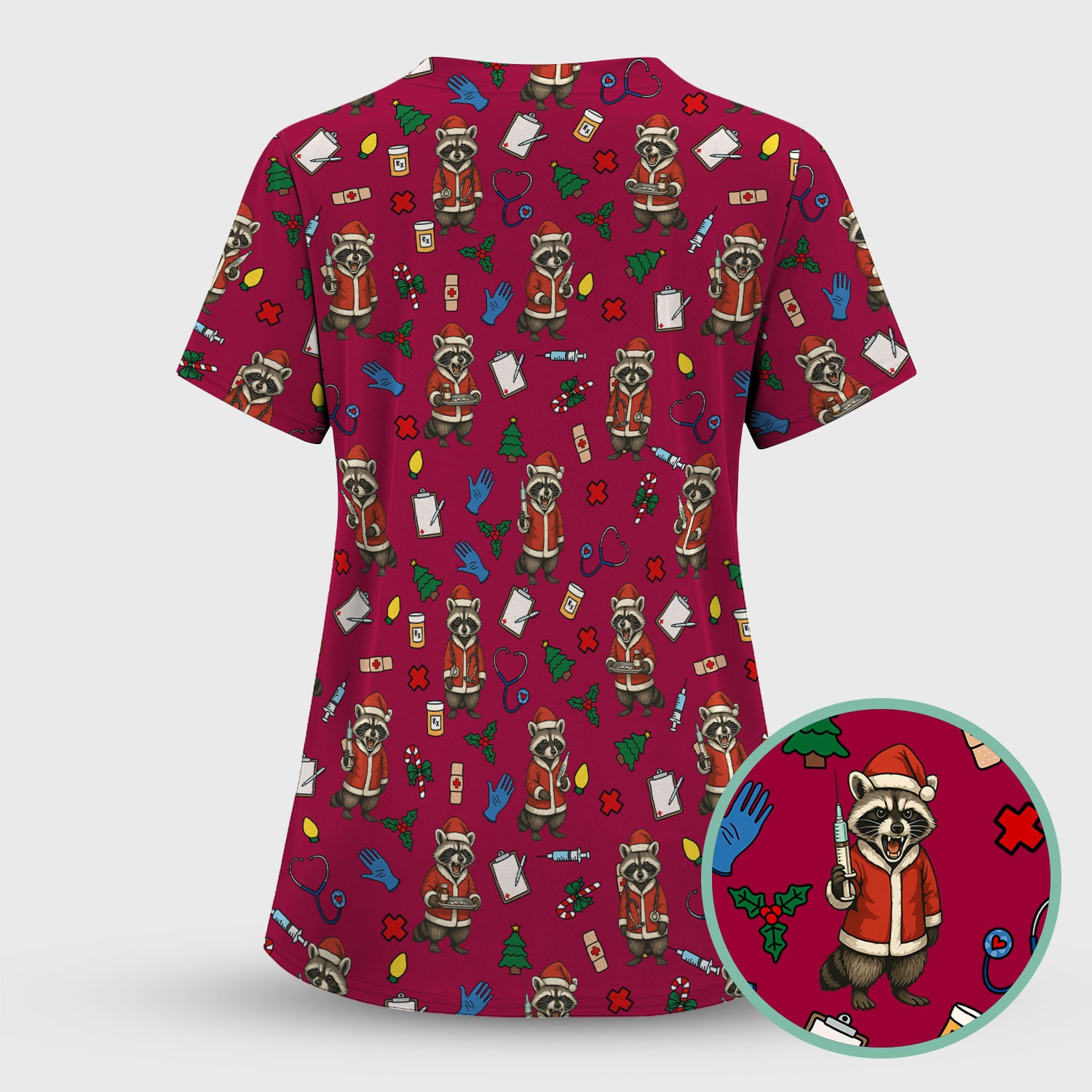 Christmas Raccoon Pattern Nurse Scrub Set - Funny Santa Medical Print Top and Pants - Holiday Gift for RN LPN CNA Women