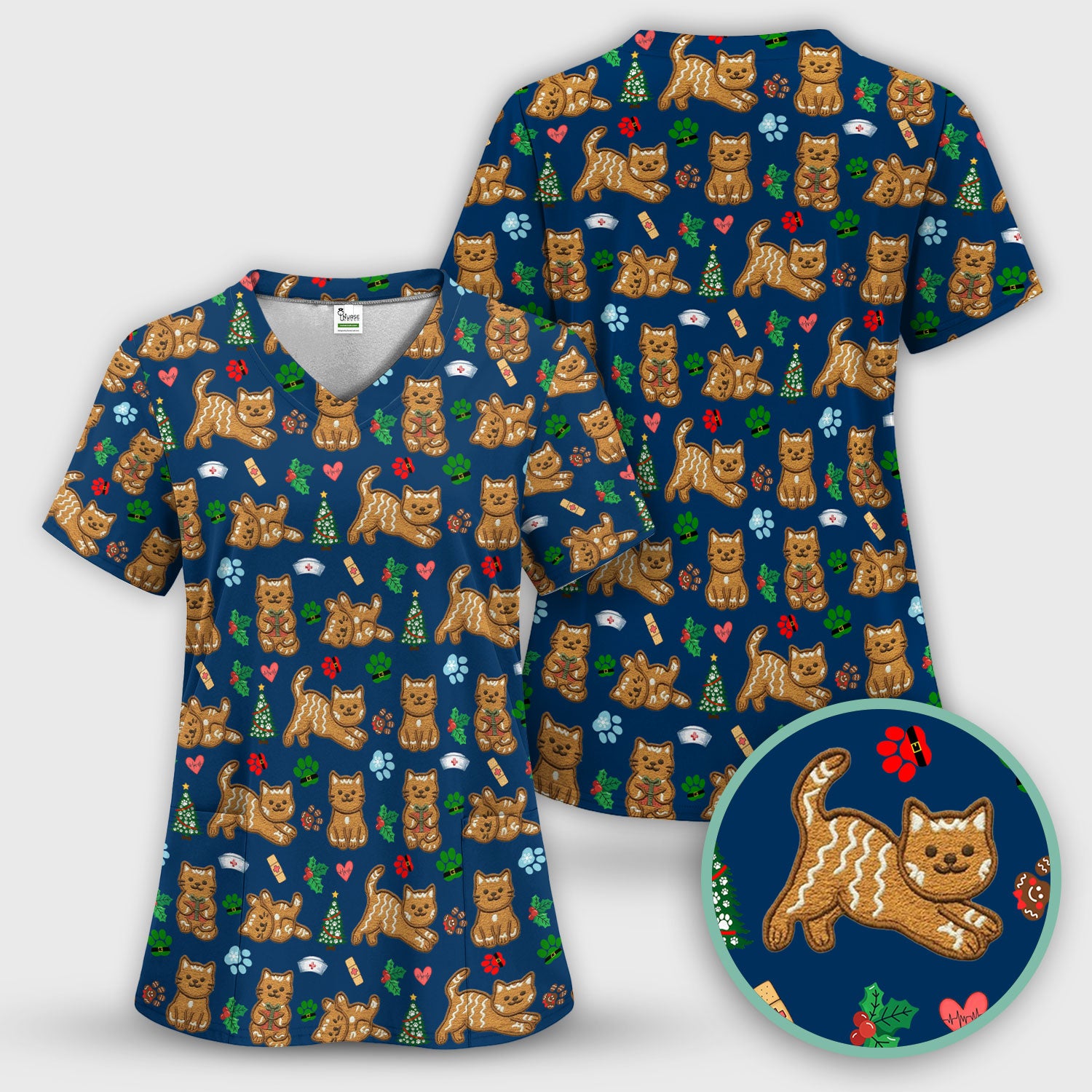 Gingerbread Cat Christmas Scrub Top, Cute Holiday Kitty Medical Uniform Shirt For Nursing, Festive Nurse Pattern