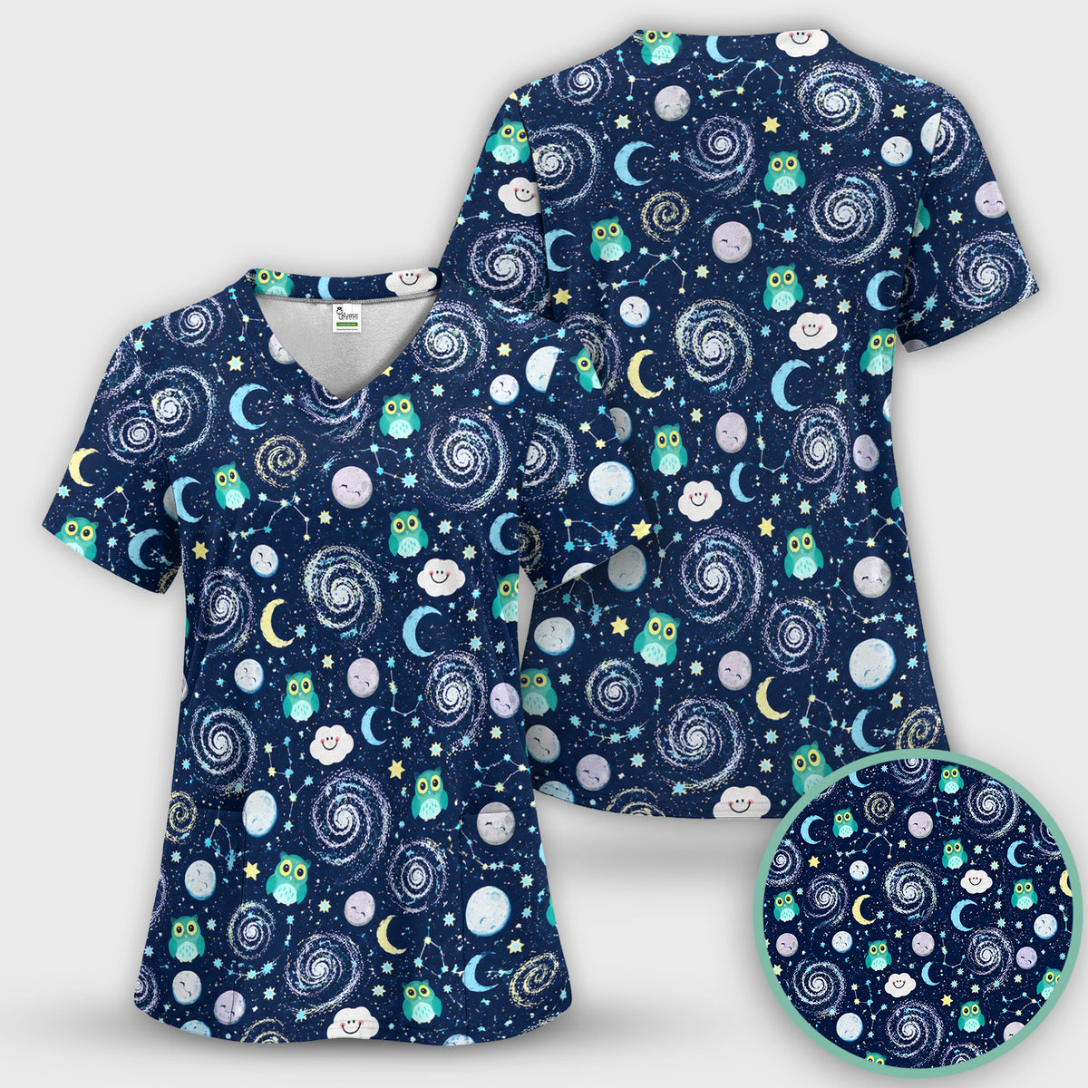 Cute Night Owl Galaxy Pattern Scrub Top, Comfortable Scrubs for Nurses