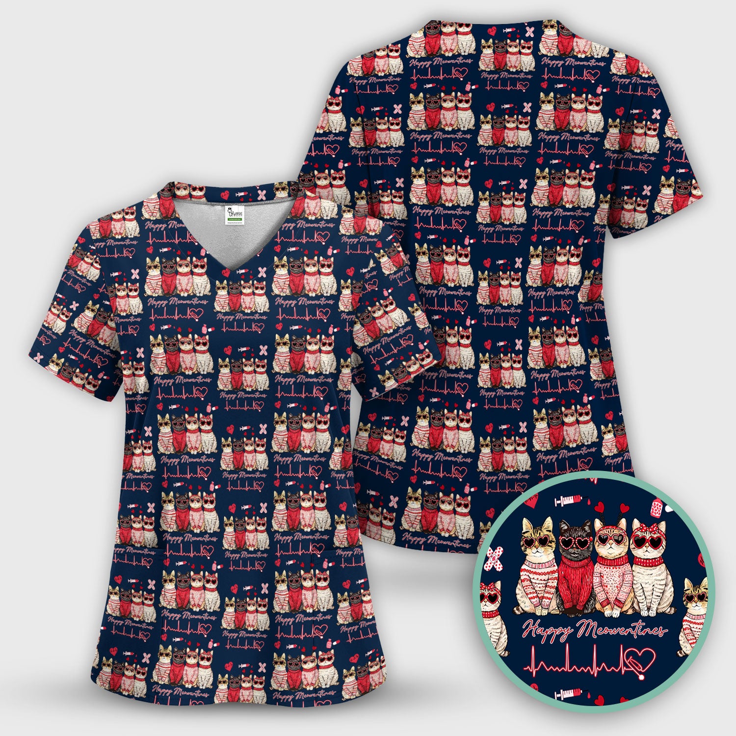Happy Meowtines Cat Pattern Scrub Top, Valentine Cat Lover Nurse Scrub Shirt, Heartbeat Medical Pattern Nursing Uniform