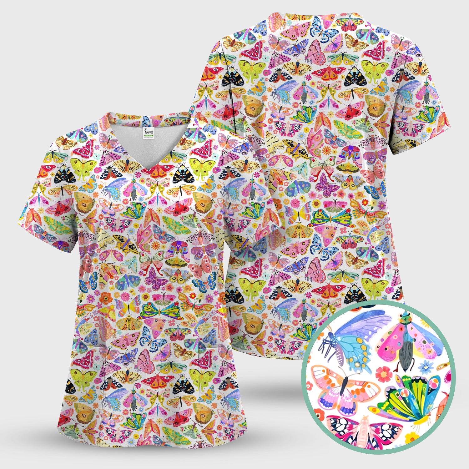 Cute Bright Butterfly Moth Floral Scrub Top, Breathable Fabrics Nursing Uniform