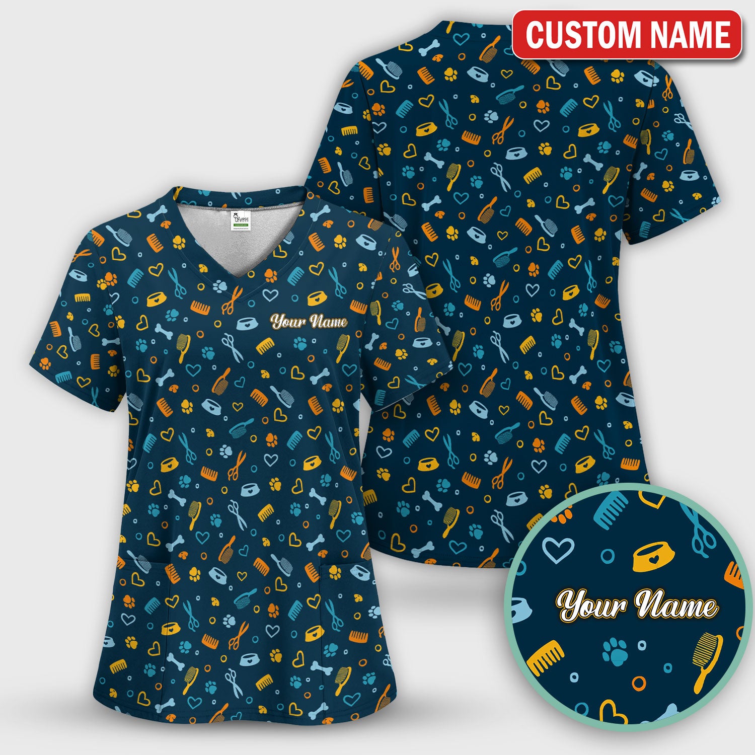 Custom Name Dog Cat Grooming Pattern Scrub Top, Breathable Fabrics Nursing Uniform