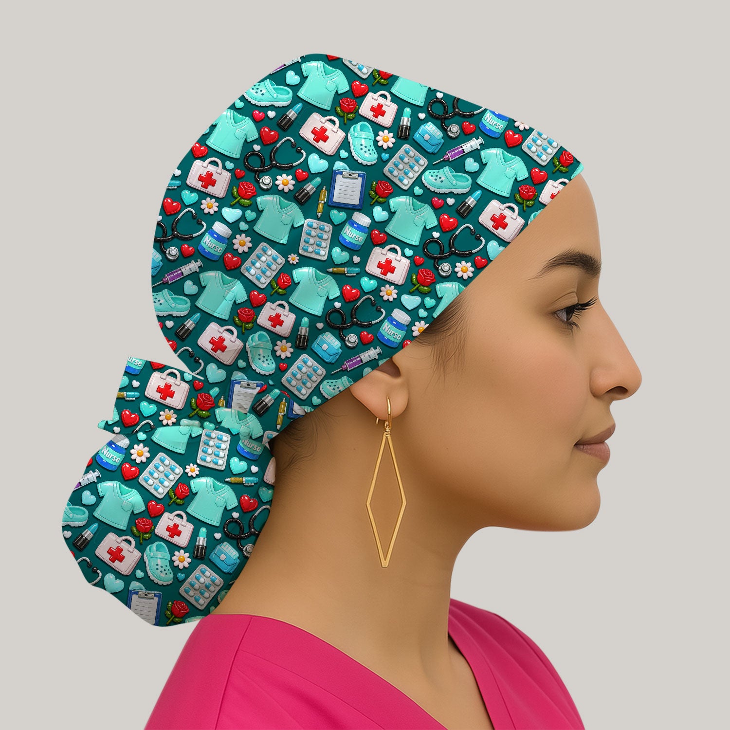 Medical Icons Scrub Cap, Cute Pattern Nurse Hat, Breathable Fabrics Nursing Uniform