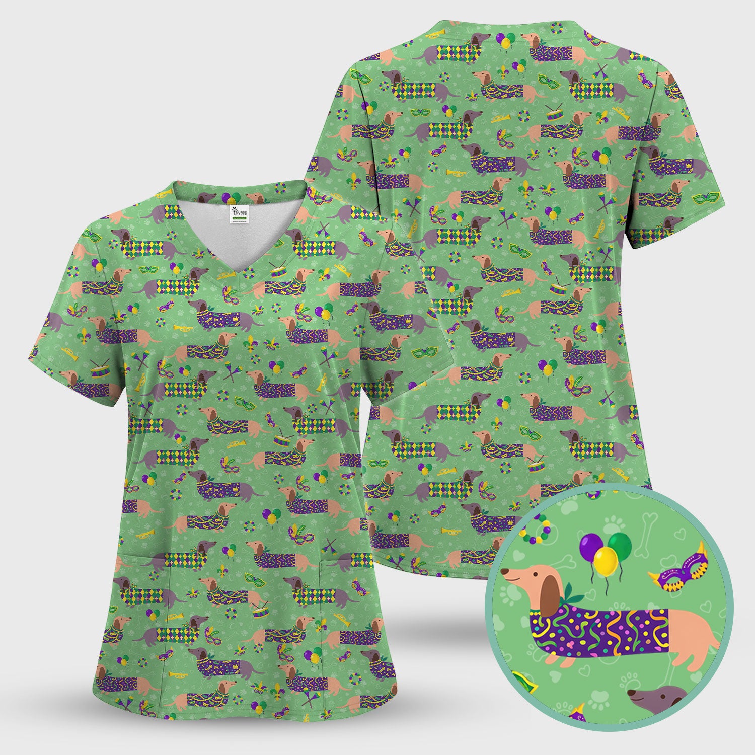 Mardi Gras Dachshund Nurse Scrub Set, Wiener Dog Holiday Pattern Nurses Shirt, Comfortable Uniform Scrubs For Nursing