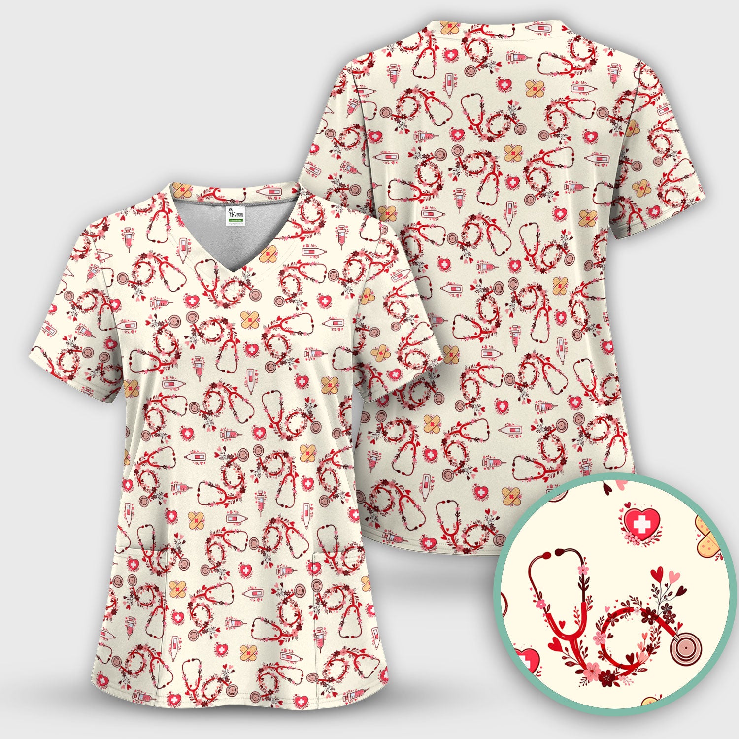 Heart Stethoscope Medical Pattern Scrub Set, Breathable Med Uniform
