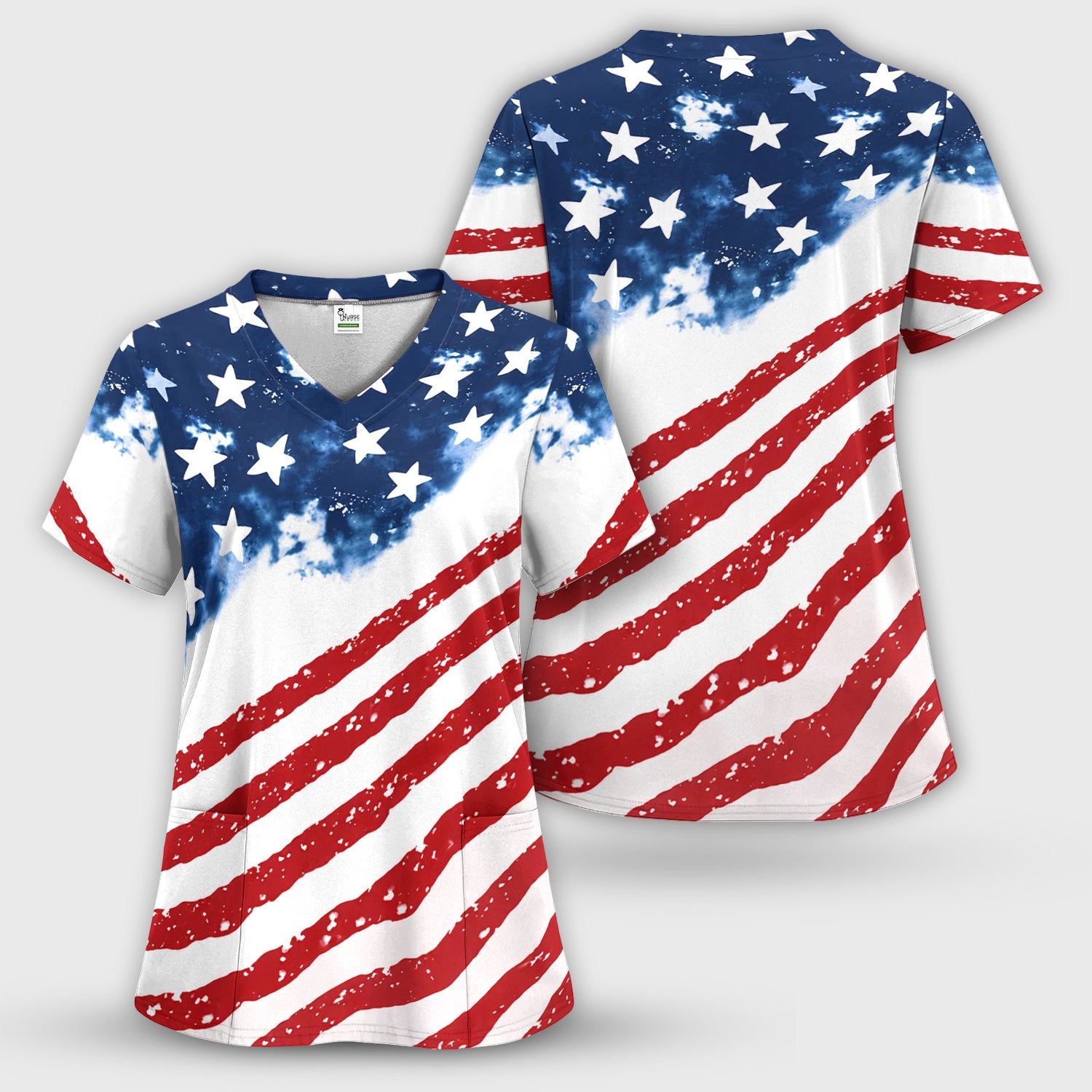 USA Stars And Stripes Pattern Scrub Set, Scrub Pants and V Neck Top