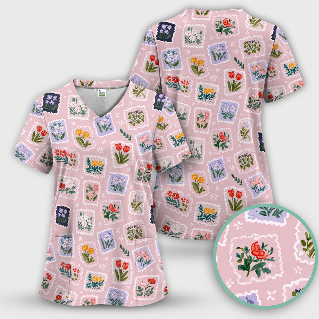 Vintage Flower Stamp Pattern Scrub Top, Breathable Fabrics Nursing Uniform
