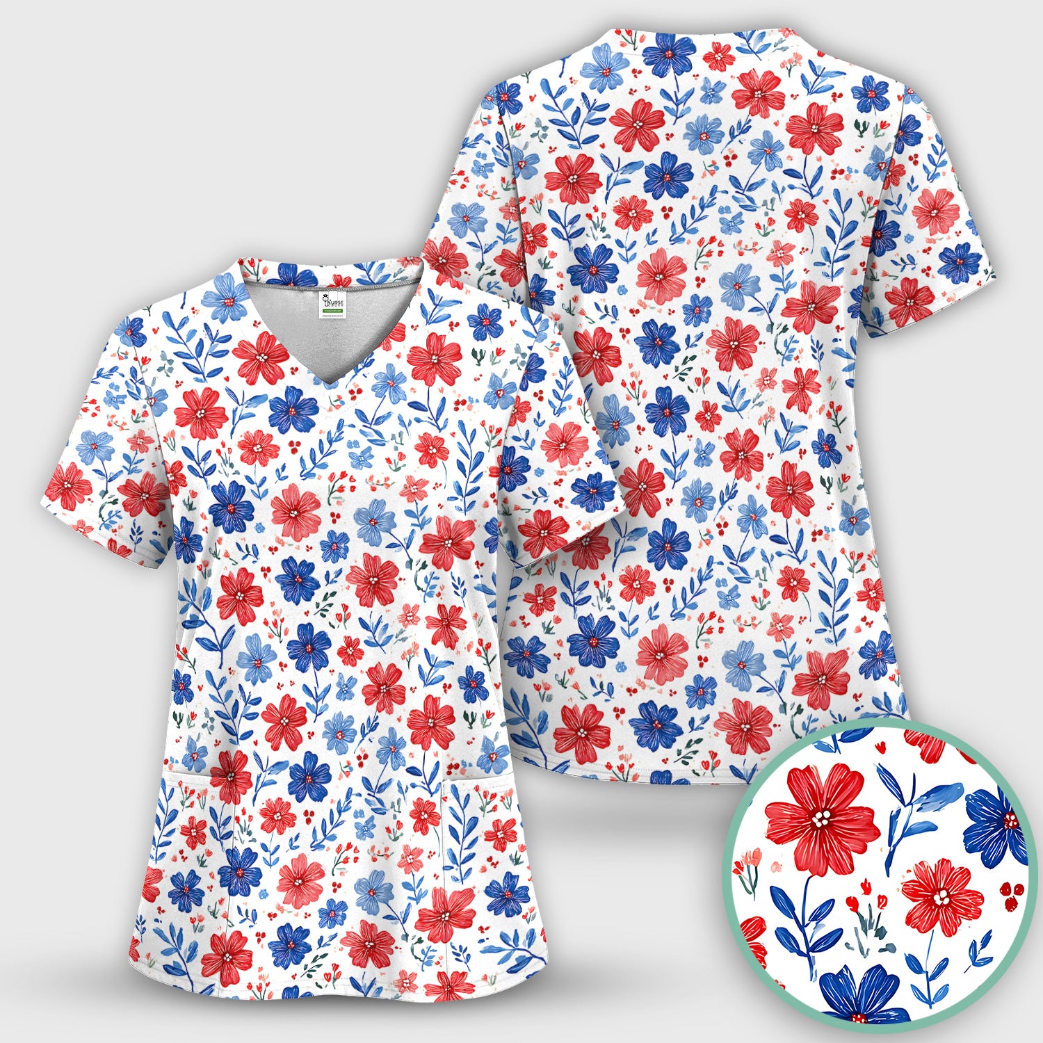 Patriotic Red White Blue Floral Print Scrub Top, Comfortable Scrubs for Nurses