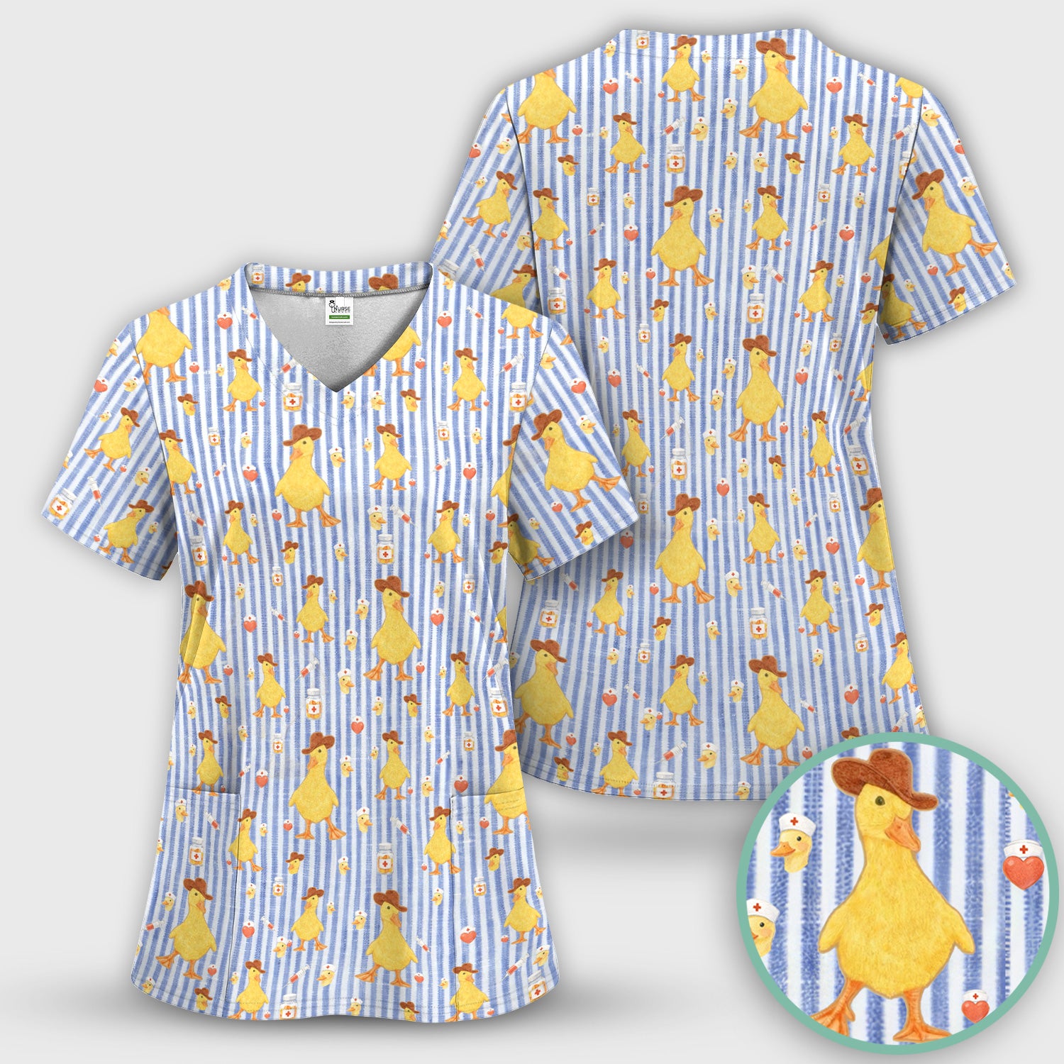 Cowboy Ducktor Vertical Stripe Pattern Scrub Top, Comfortable Scrubs for Nurses