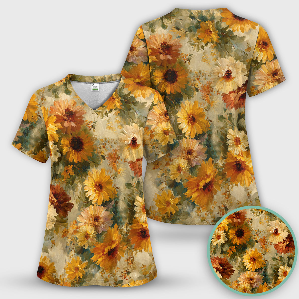 Vintage Sunflower Oil Painting Scrub Set, Scrub Pants and V Neck Top