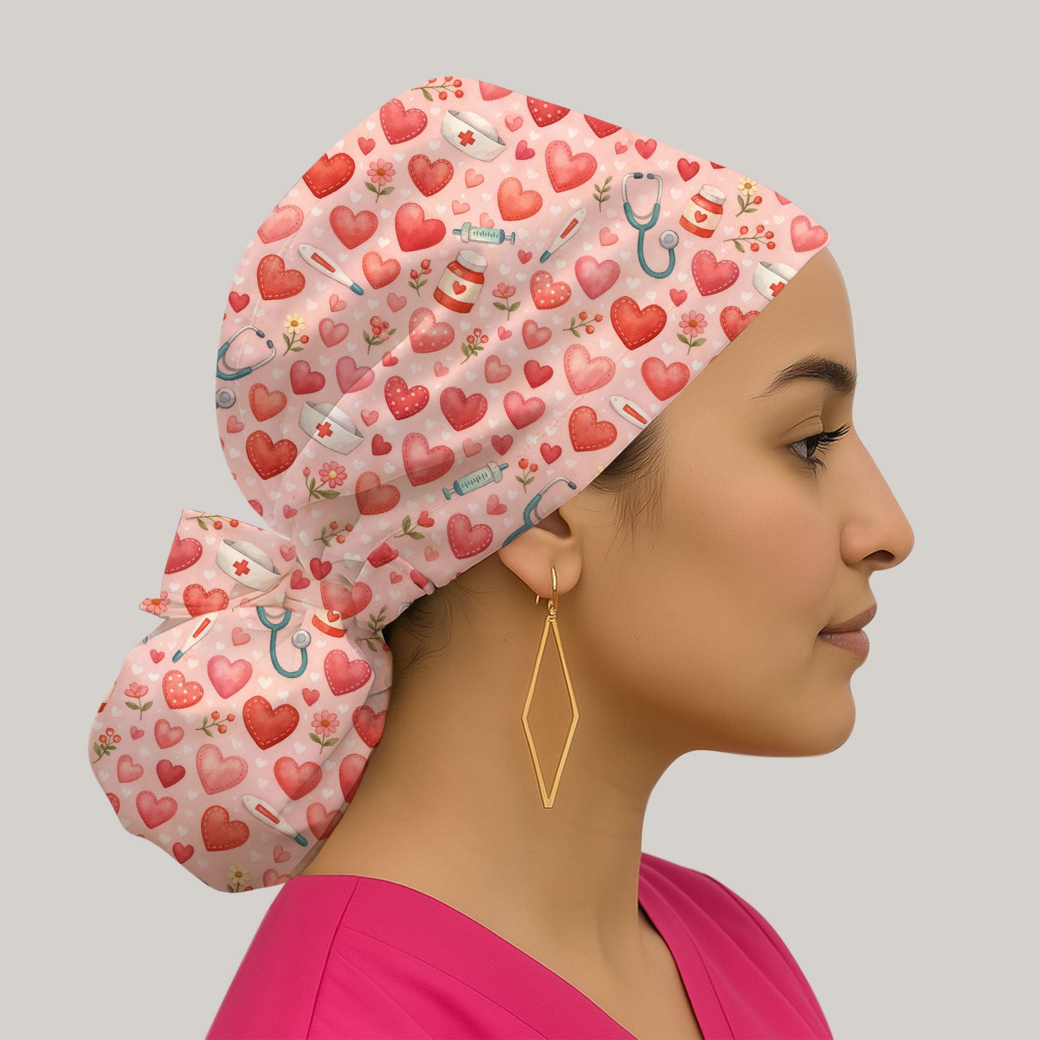 Cute Medical Heart Pattern Scrub Cap, Valentine Nurse Scrub Hat, Breathable Fabrics Nursing Uniform