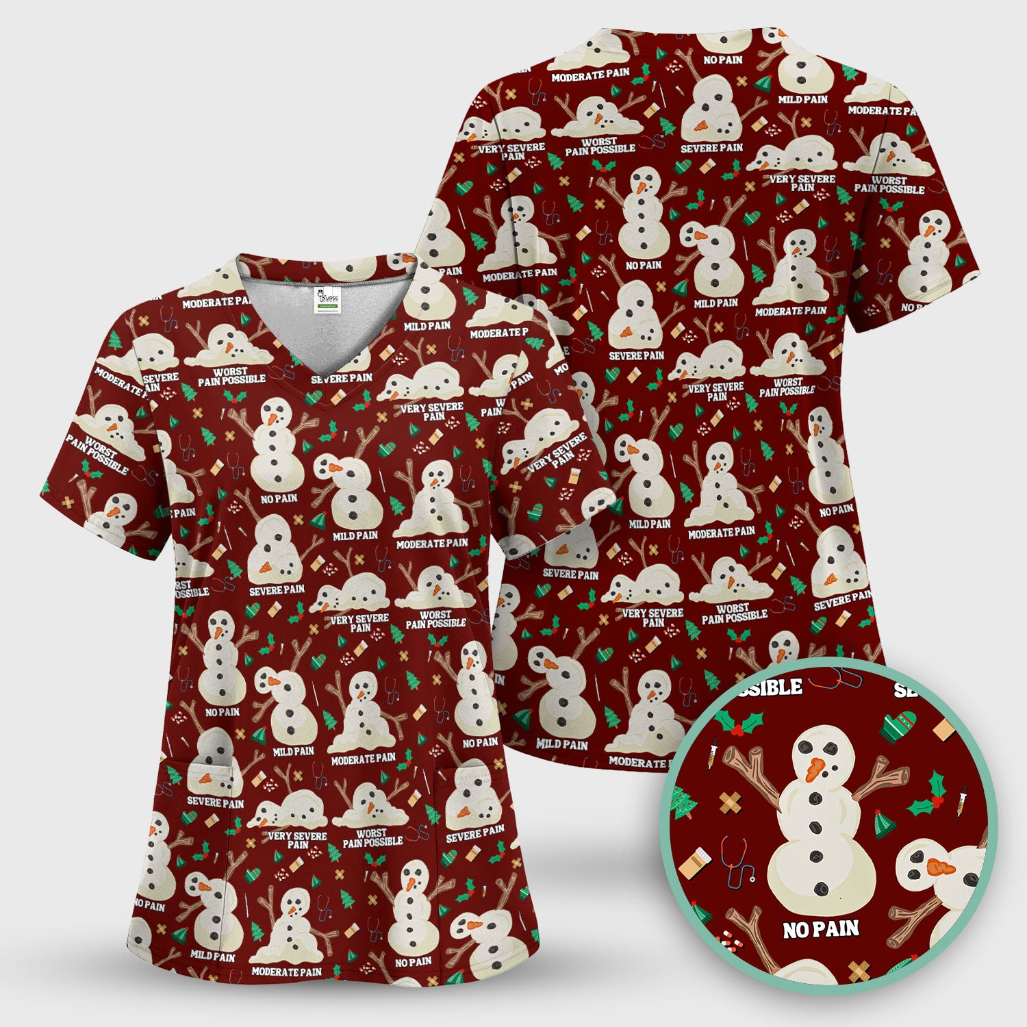 Funny Snowman Pain Scale Scrub Top for Nurse - Christmas Medical Shirt for Women RN LPN CNA - Cute Winter Nursing Uniform