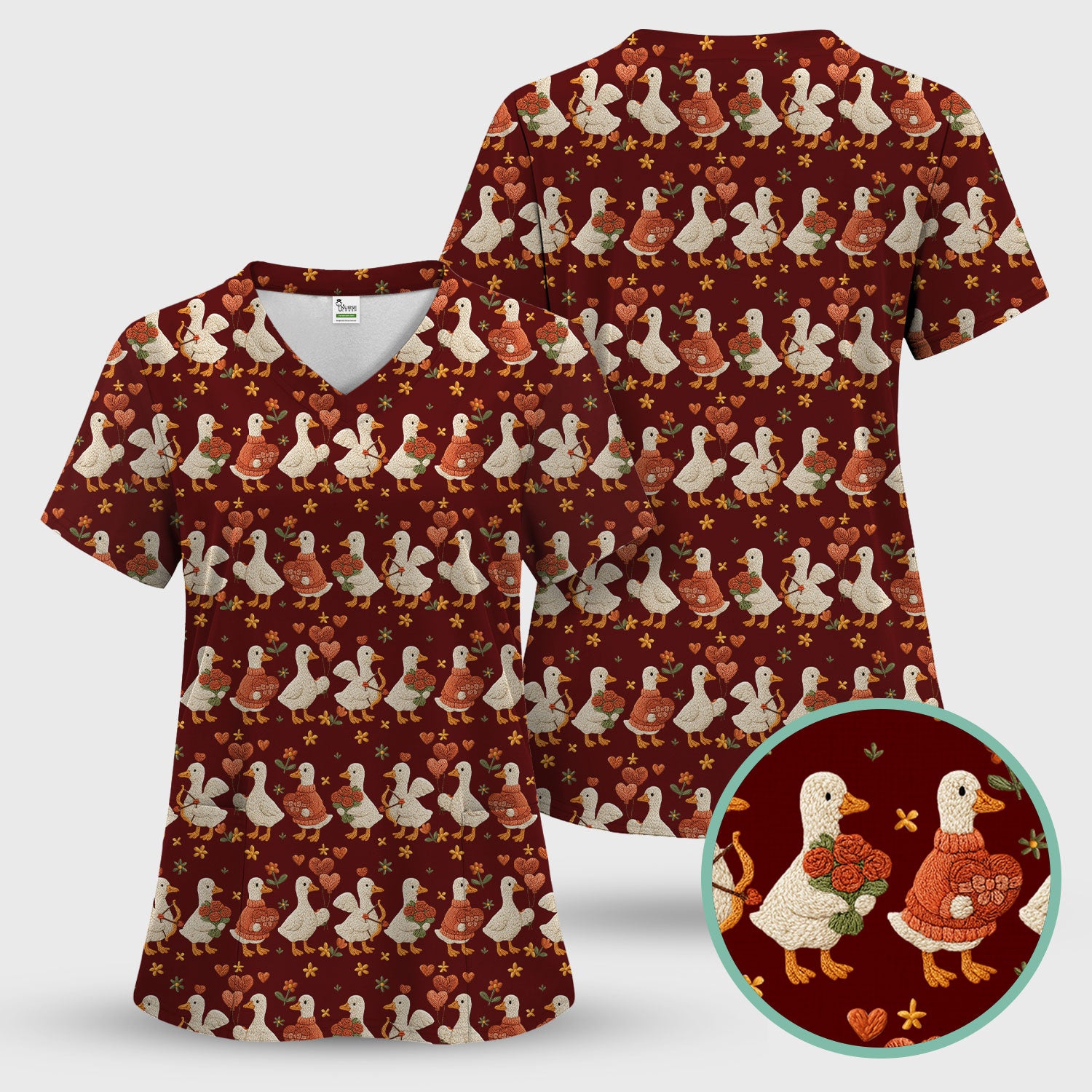 Cute Goose Nurse Scrub Top, Valentine Farm Medical Pattern Shirt, Breathable Fabrics Nursing Uniform