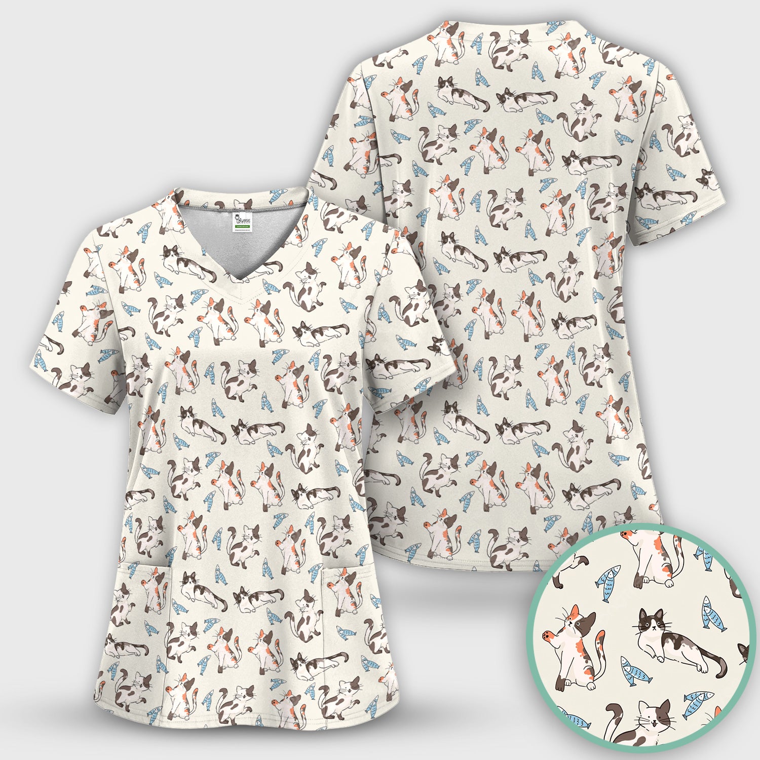 Cute Playful Cats With Fish Pattern Nurse Scrub Set, Scrub Pants and V Neck Top