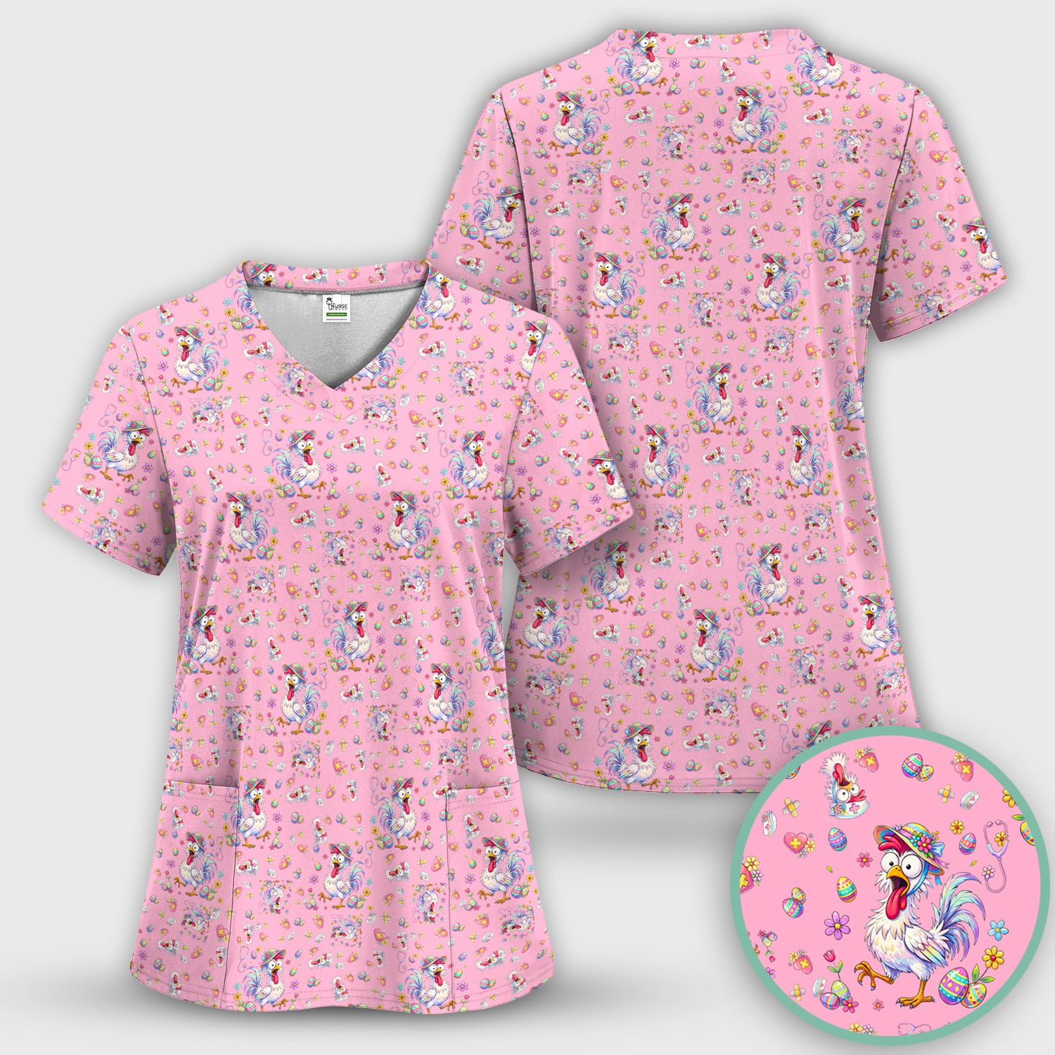 Funny Easter Nurse Chicken Pattern Scrub Top, Comfortable Scrubs for Nurses