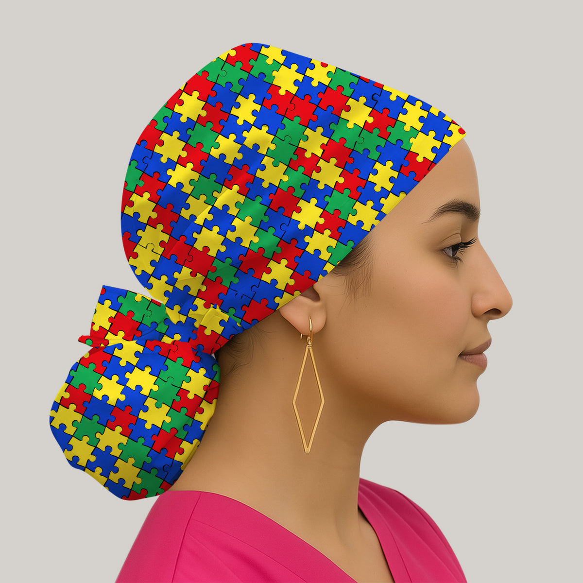 Autism Awareness Puzzle Pattern Cap, Bouffant Scrub Caps for Women