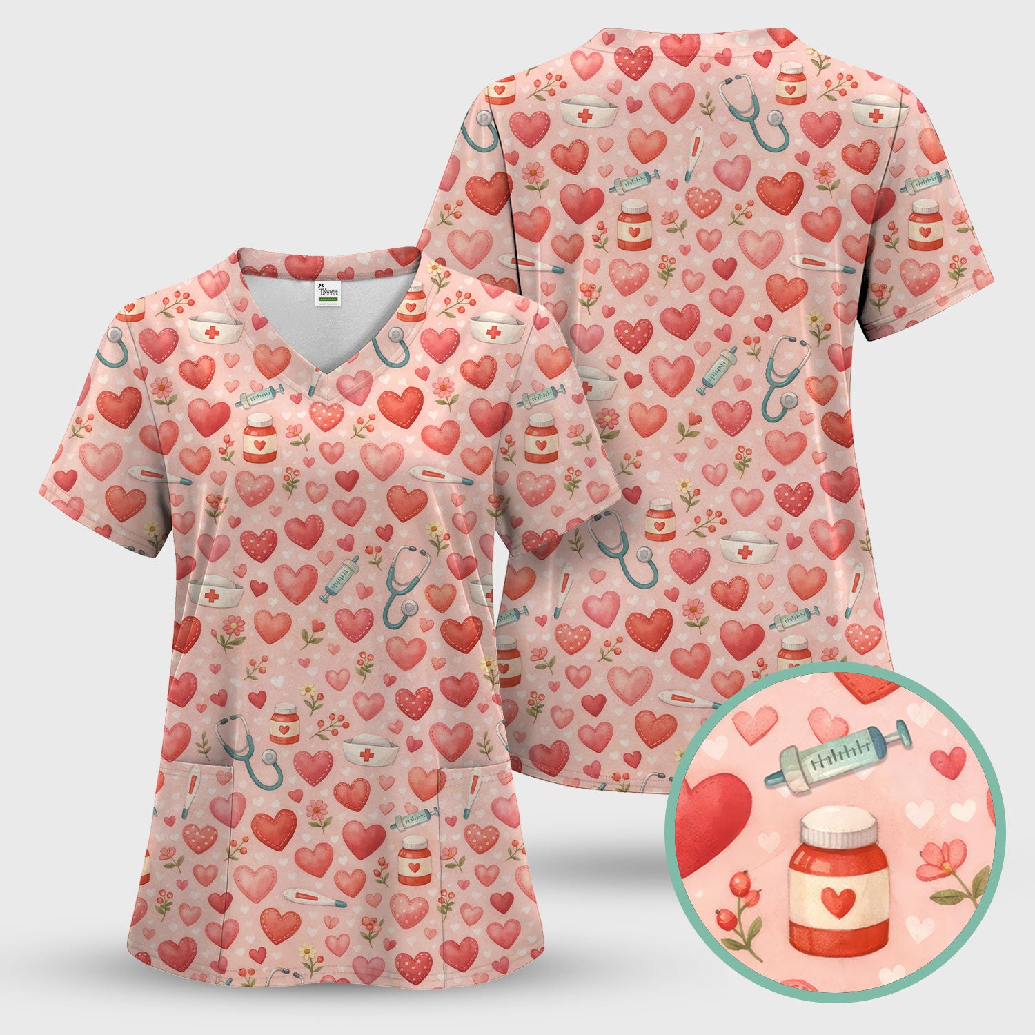 Cute Medical Heart Pattern Scrub Set, Valentine Nurse Scrub Shirt, Breathable Fabrics Nursing Uniform