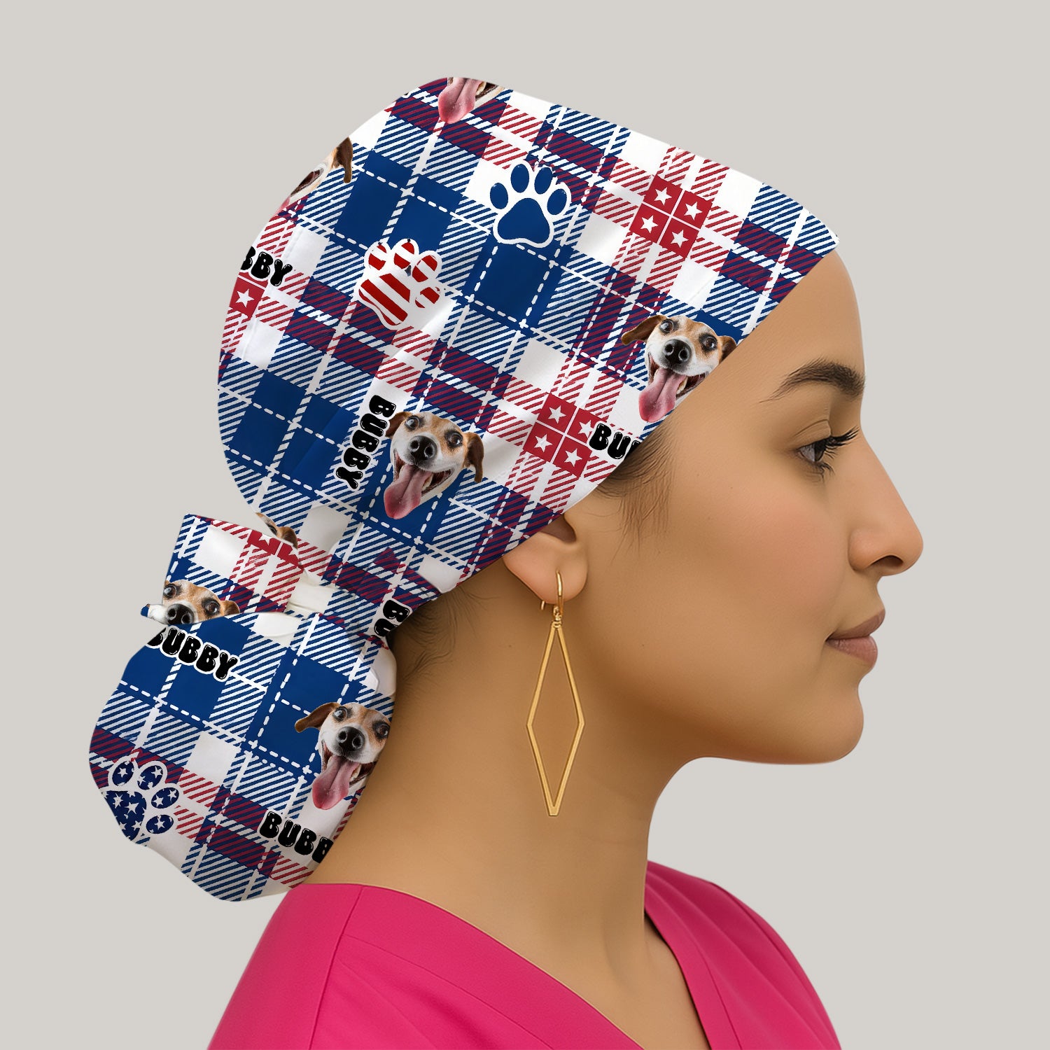 Custom Dog Face Scrub Cap, Patriotic Dog Plaid Pattern Shirt, Surgical Caps for Doctors