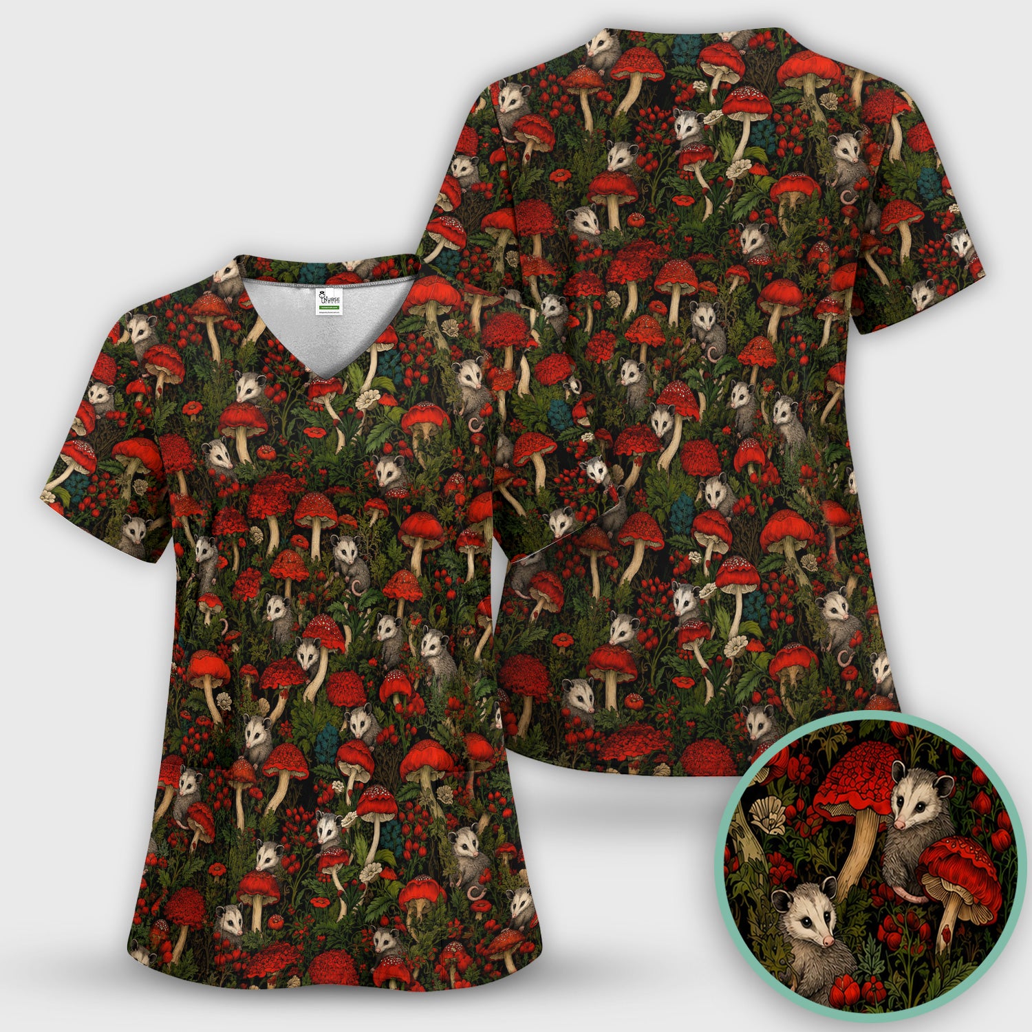 Woodland Opossum Red Mushroom Pattern Scrub Top, Comfortable Scrubs for Nurses
