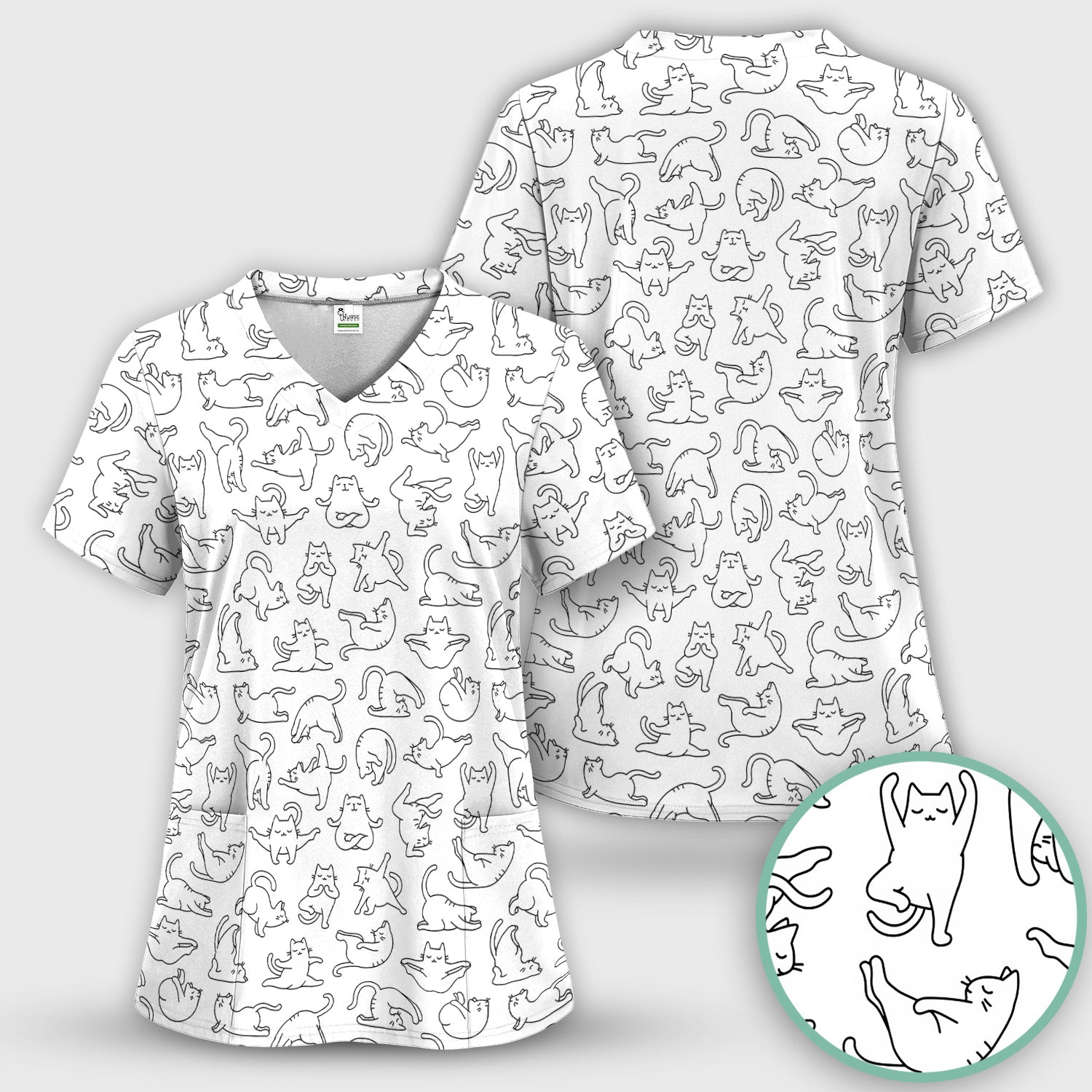 Cute Cat Outline Playing Pattern Scrub Top, Colorful Gothic Nurse Scrubs Uniform