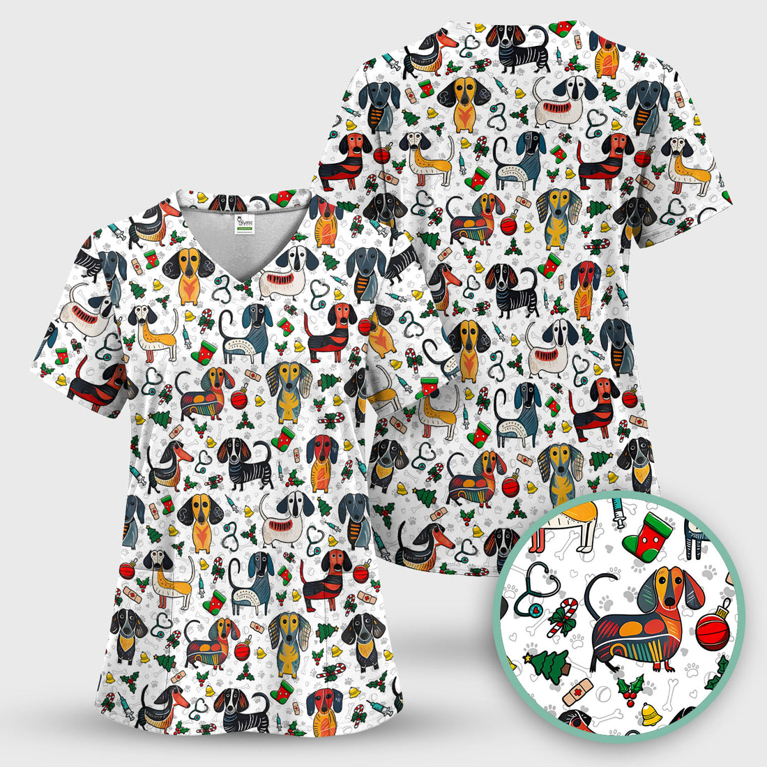 Dachshund Christmas Scrub Top - Cute Wiener Dog Nurse Uniform for Women - Holiday Medical Shirt
