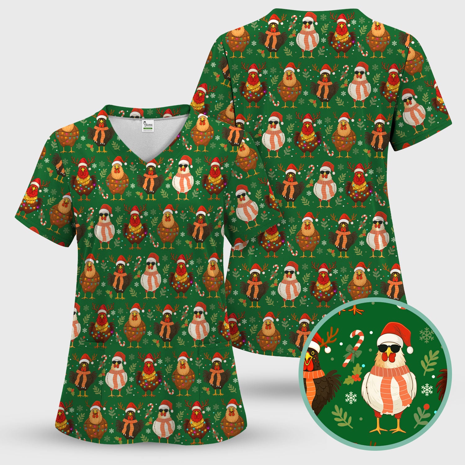 Funny Chicken Scrubs for Women - Christmas Pattern Scrub Top & Pants - Christmas Scrubs with Adorable Design