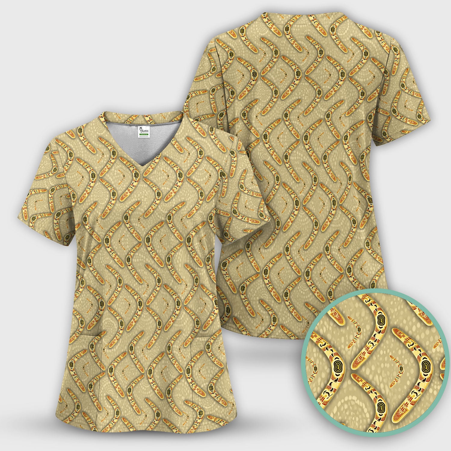Aboriginal Boomerang Pattern Nurse Scrub Top, Breathable Fabrics Nursing Uniform