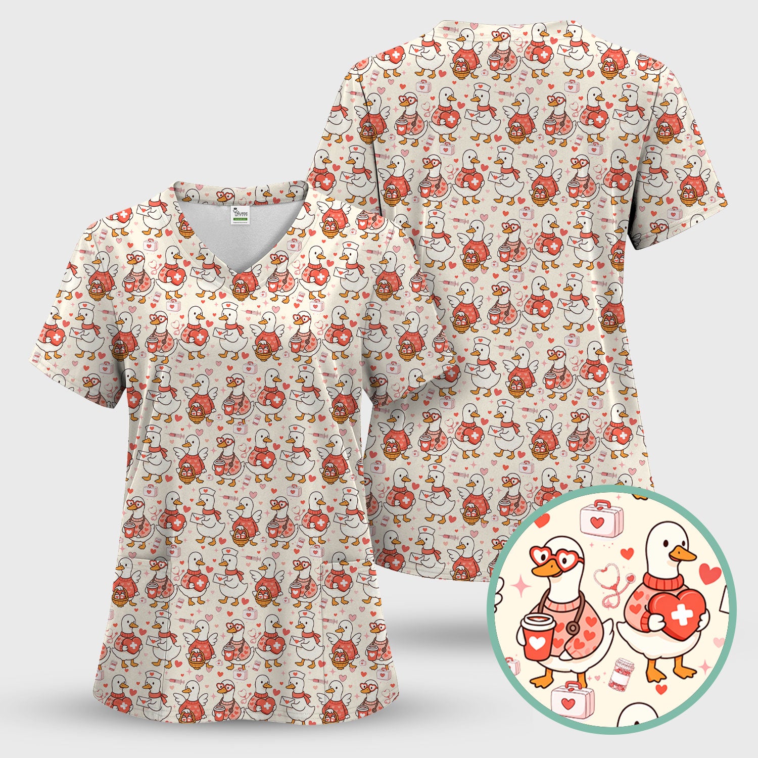 Valentine Goose Nurse Scrub Top, Heart Medical Pattern Nurse Shirt, Breathable Fabrics Nursing Uniform