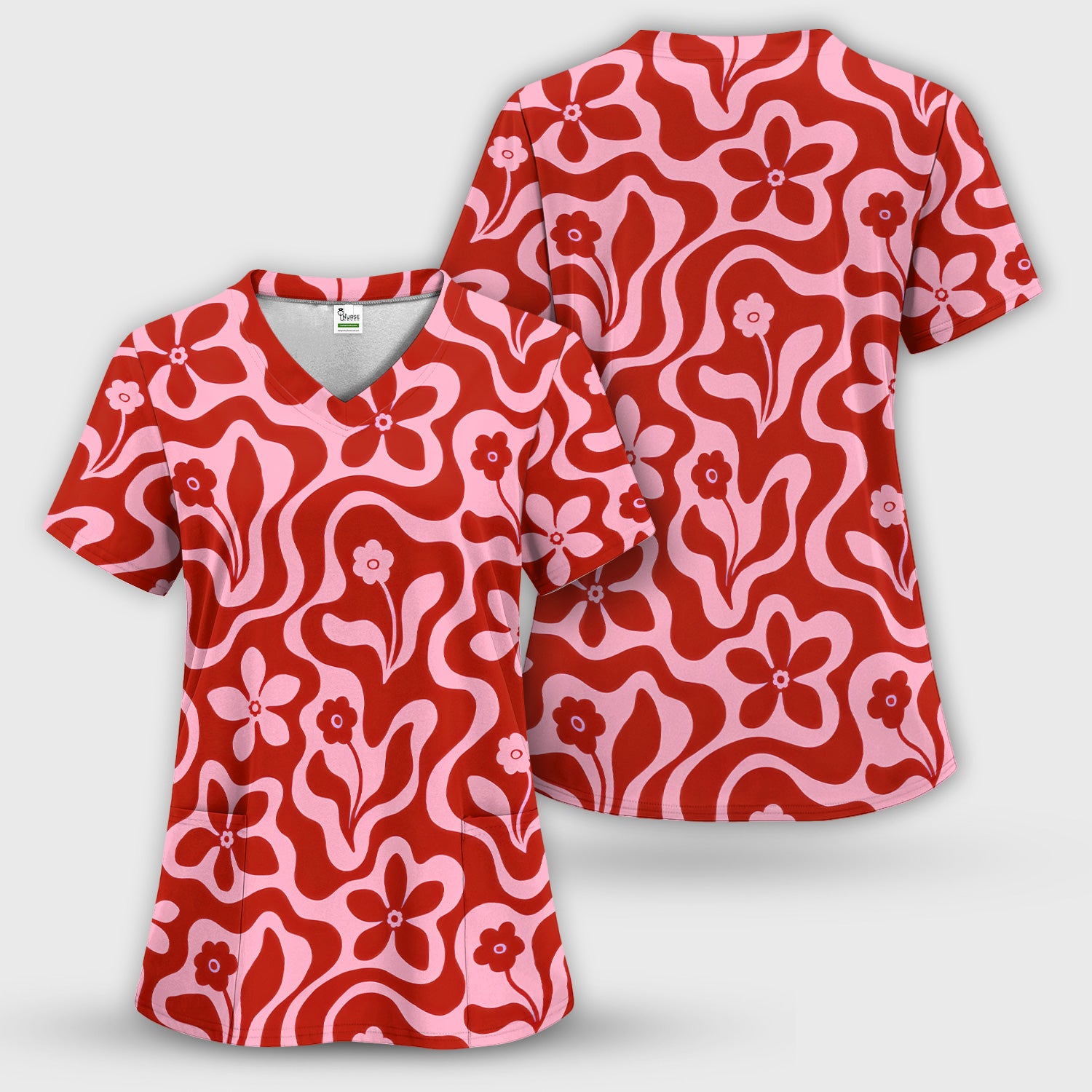 Retro Pink Floral Pattern, Groovy Medical Scrub Set, Scrub Pants and V Neck Top