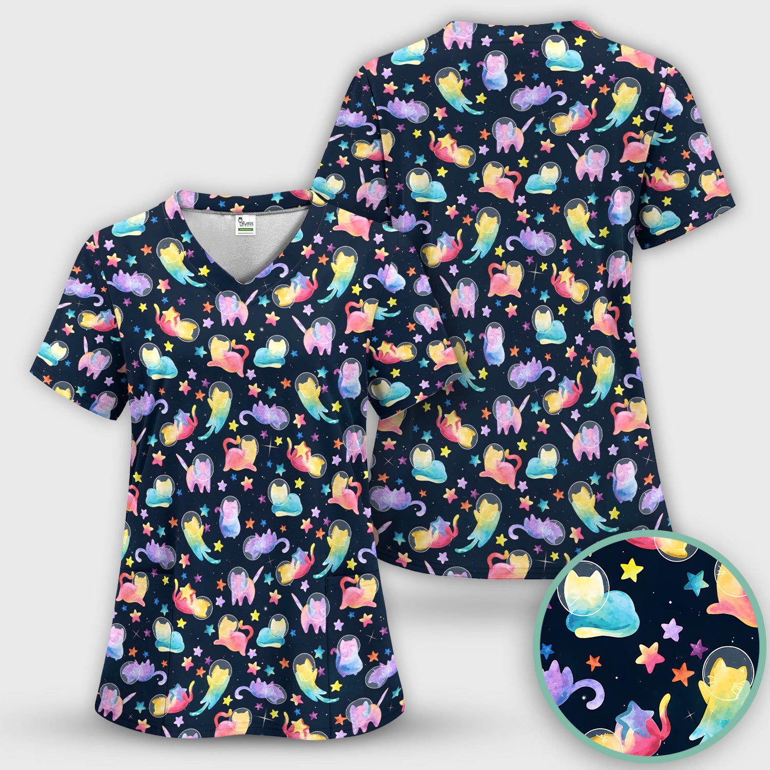Cute Space Cat Veterinary Pattern Scrub Set, Scrub Pants and V Neck Top