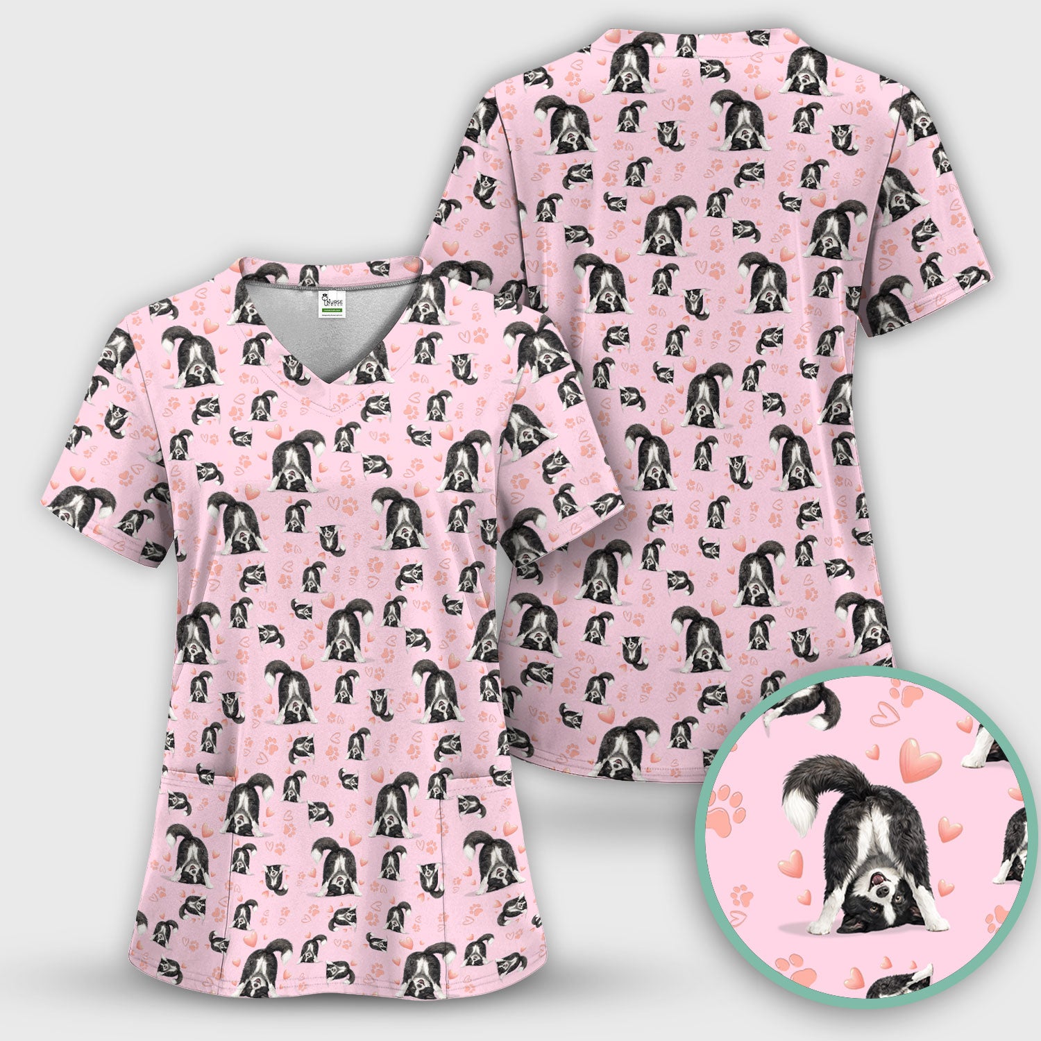 Cute Puppy Heart Medical Pattern Scrub Uniform, Women's Scrub Sets