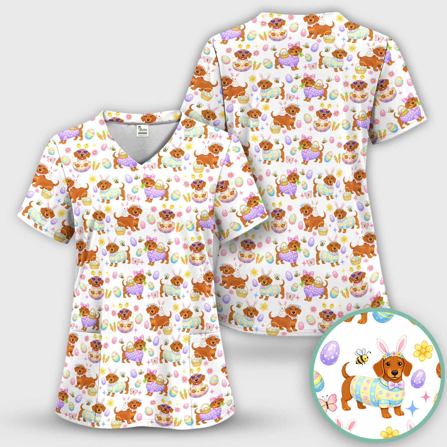 Cute Easter Dachshund Dog Pattern Scrub Top, Breathable Healthcare Uniform Top