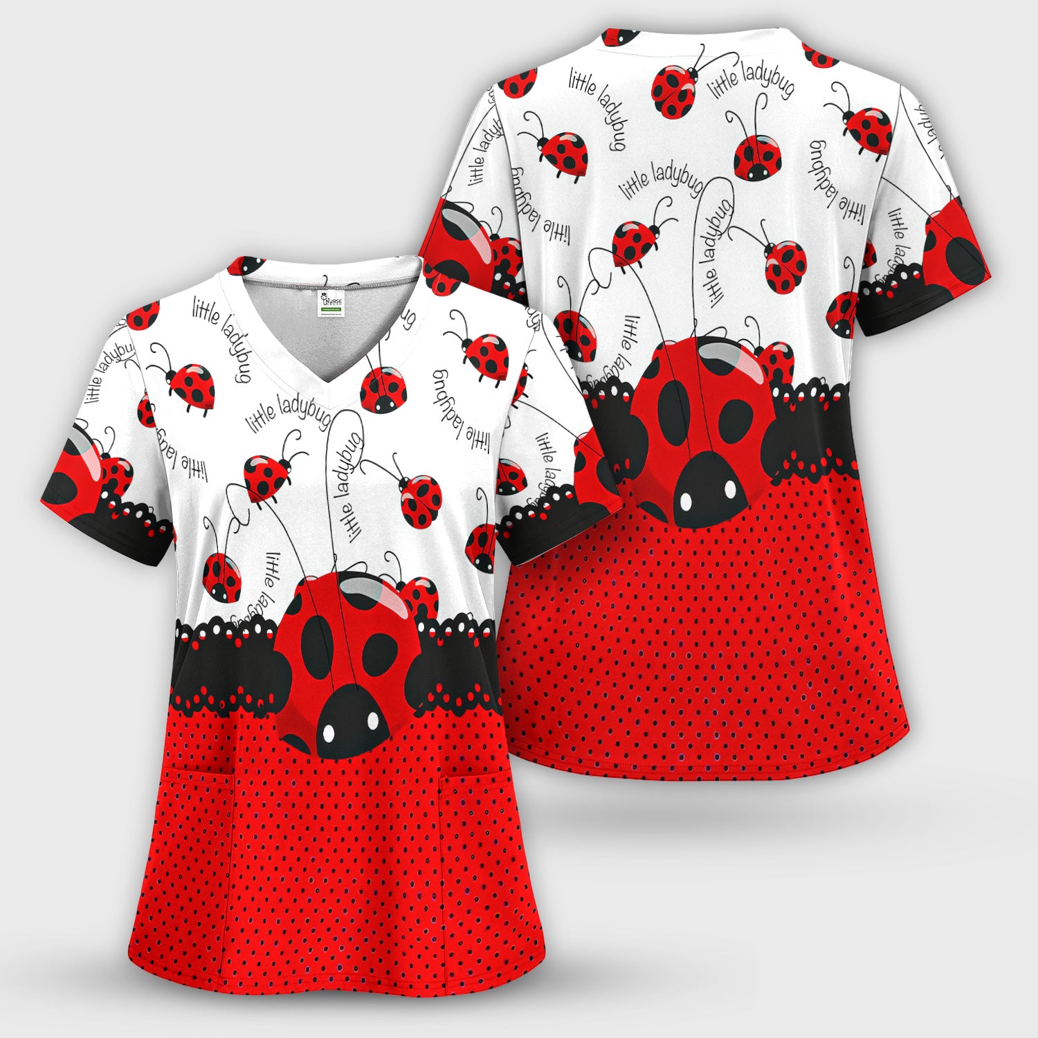 Cute Little Ladybug Polka Dot Pattern Scrub Top, Breathable Fabrics Nursing Uniform