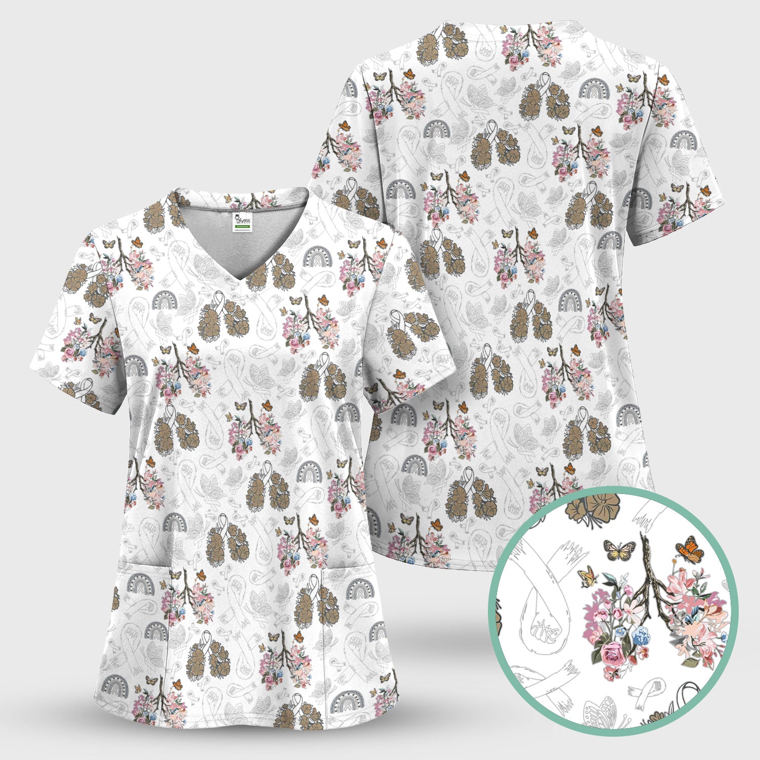 Lung Cancer Awareness Nurse Scrub Top - White Ribbon Butterfly Floral Medical Uniform - Comfortable V-Neck Nursing Shirt Gift