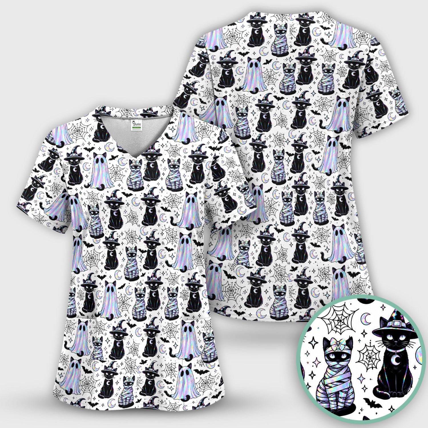 Ghost Witch Cat Pattern Scrub Top, Comfortable Scrubs for Nurses