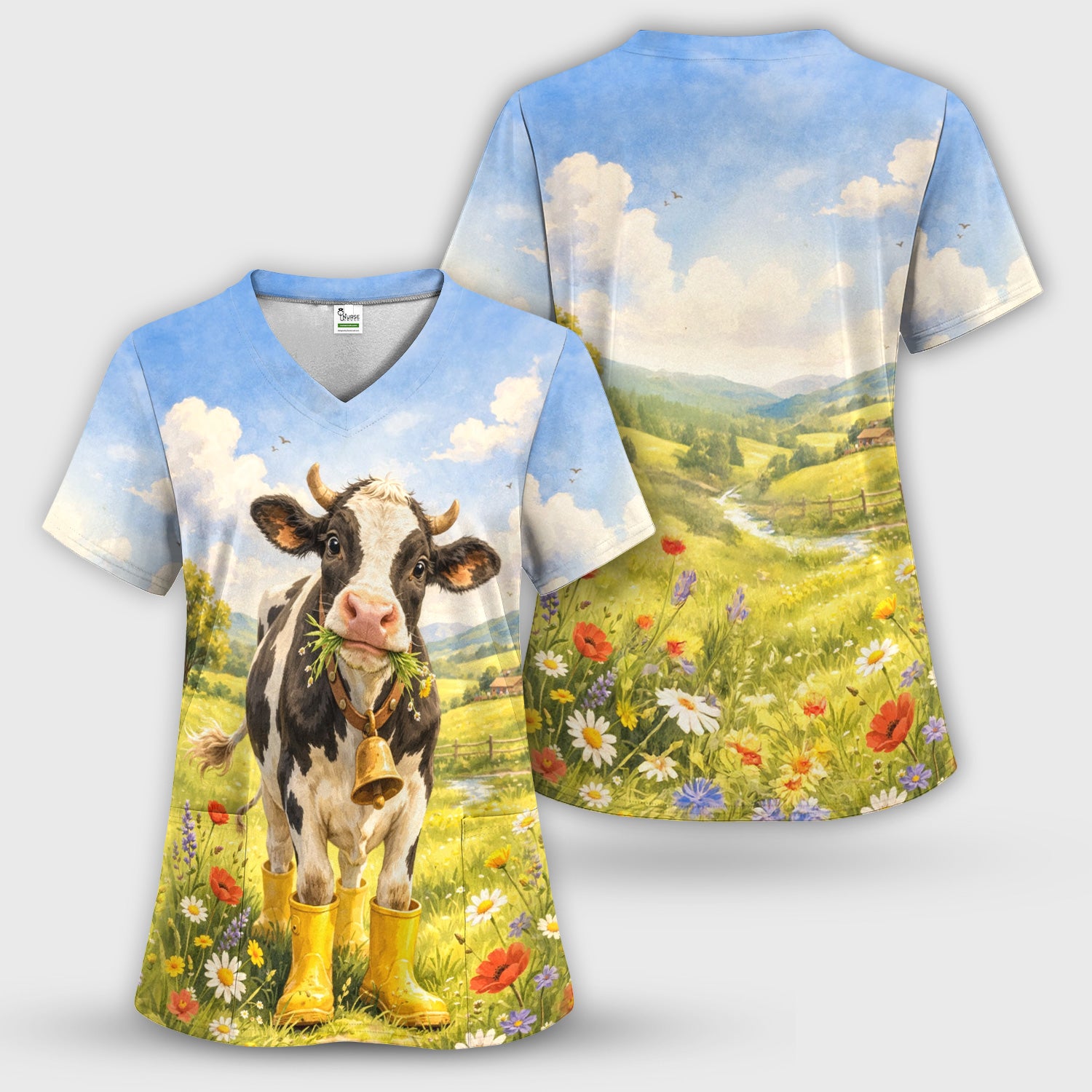 Cute Cow Wearing Boots Meadow Scene Pattern Scrub Set, Scrub Pants and V Neck Top