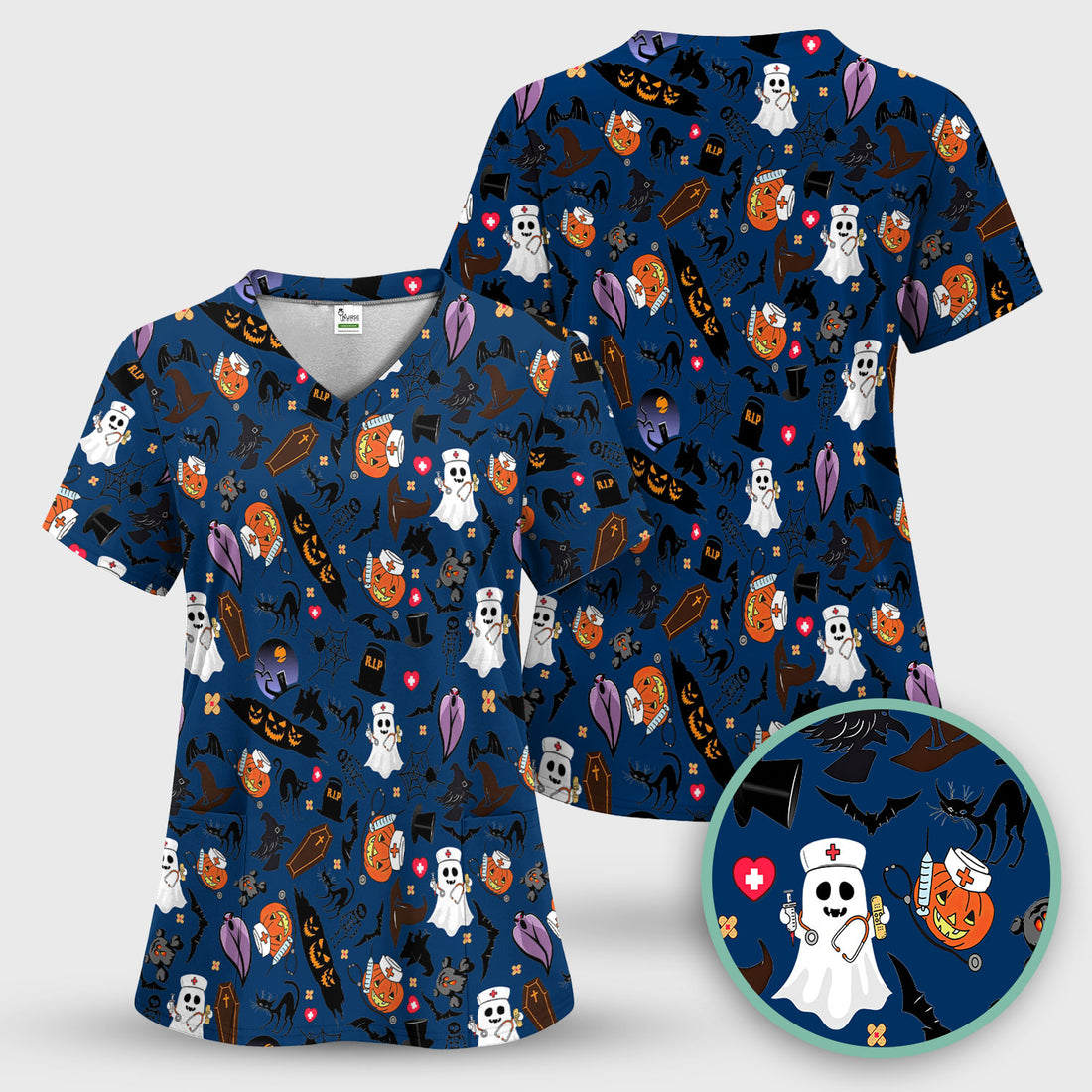 Spooky Halloween Scrub Top - Pumpkin Ghost Bat Nurse Shirt - Wicked Witch Medical Uniform for Women RN CNA LPN
