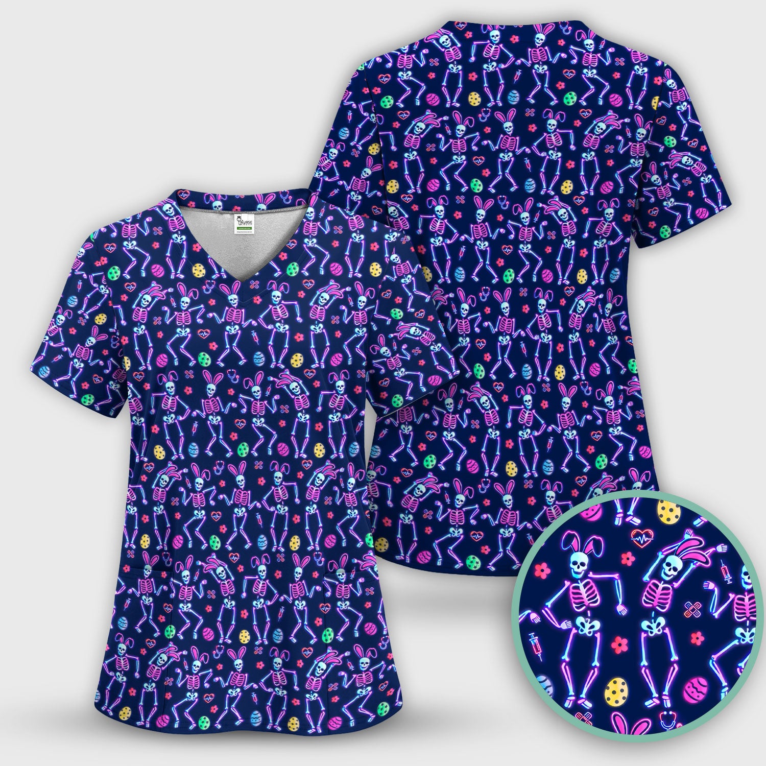 Neon Easter Skeleton Pattern Scrub Top, Comfortable Scrubs for Nurses