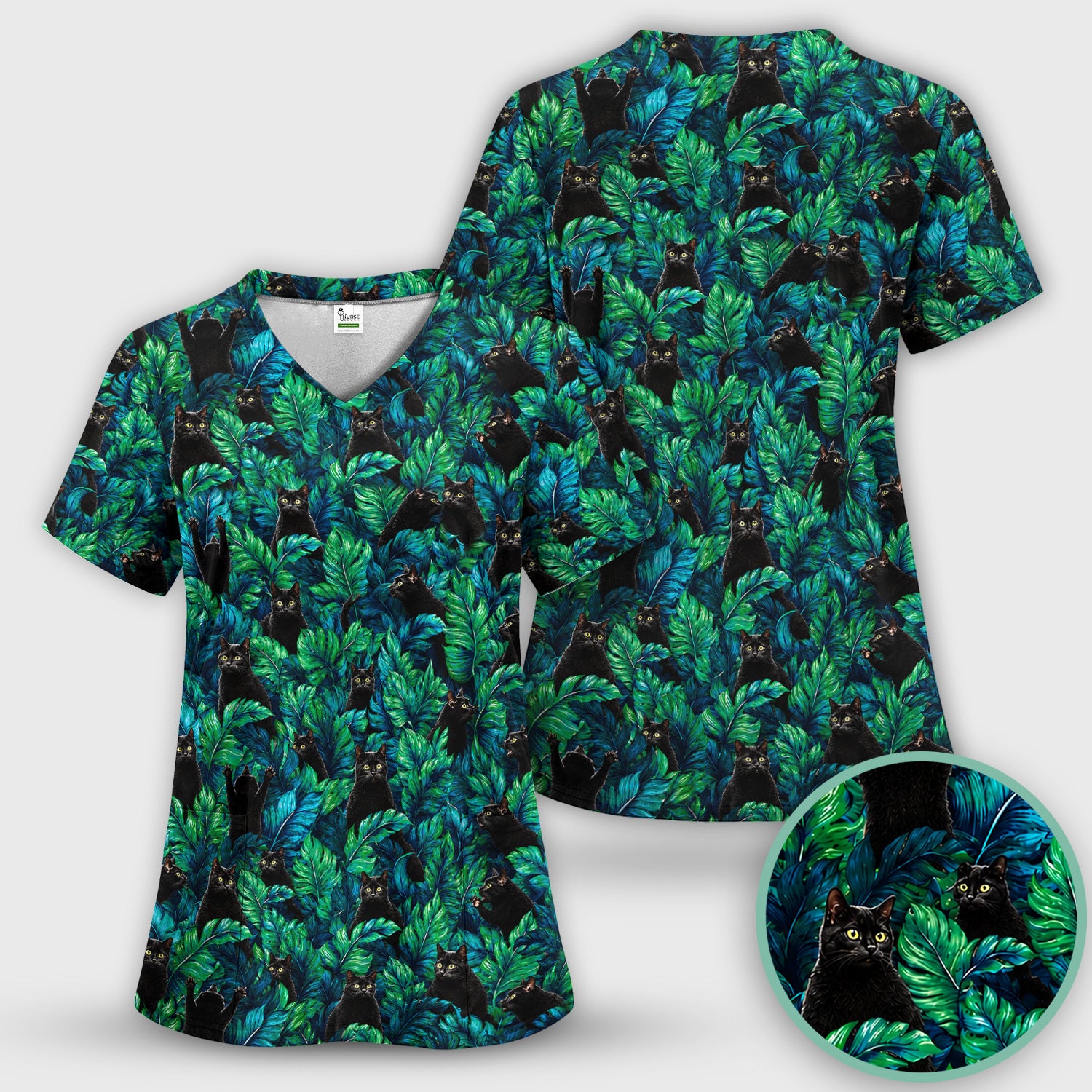 Black Cat Tropical Jungle Leaves Pattern Scrub Top, Comfortable Scrubs for Nurses