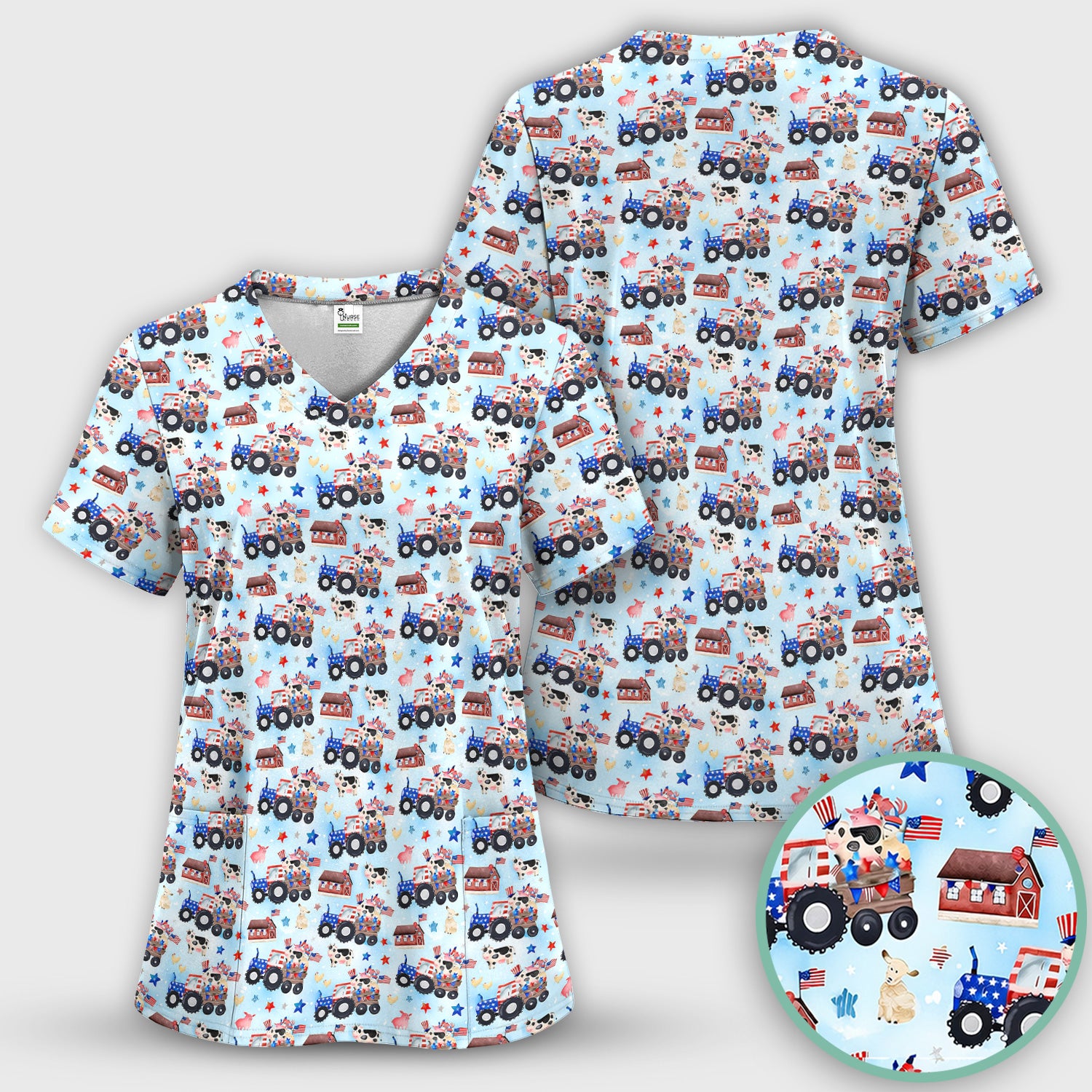 Patriotic Cow Tractor Farm Stars Pattern Scrub Set, Scrub Pants and V Neck Top