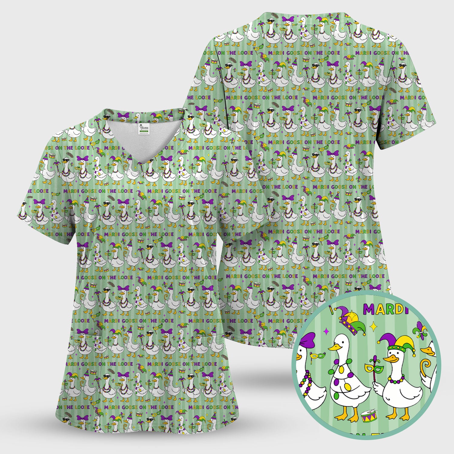 Mardi Gras Goose Nurse Scrub Set, Funny Carnival Medical Pattern Nurse Shirt, Breathable Fabrics Nursing Uniform