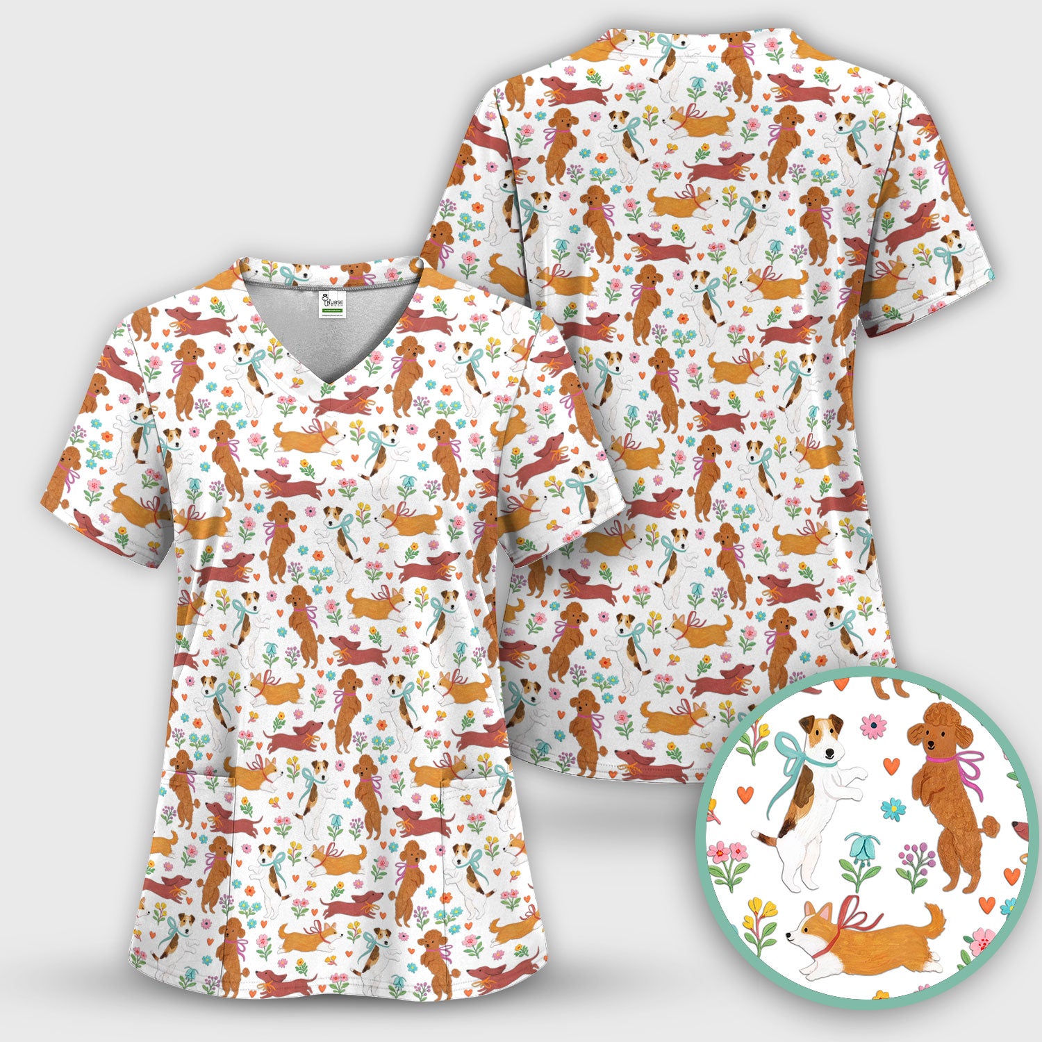 Cute Cartoon Dog Print Nurse Scrub Top, Comfortable Scrubs for Nurses