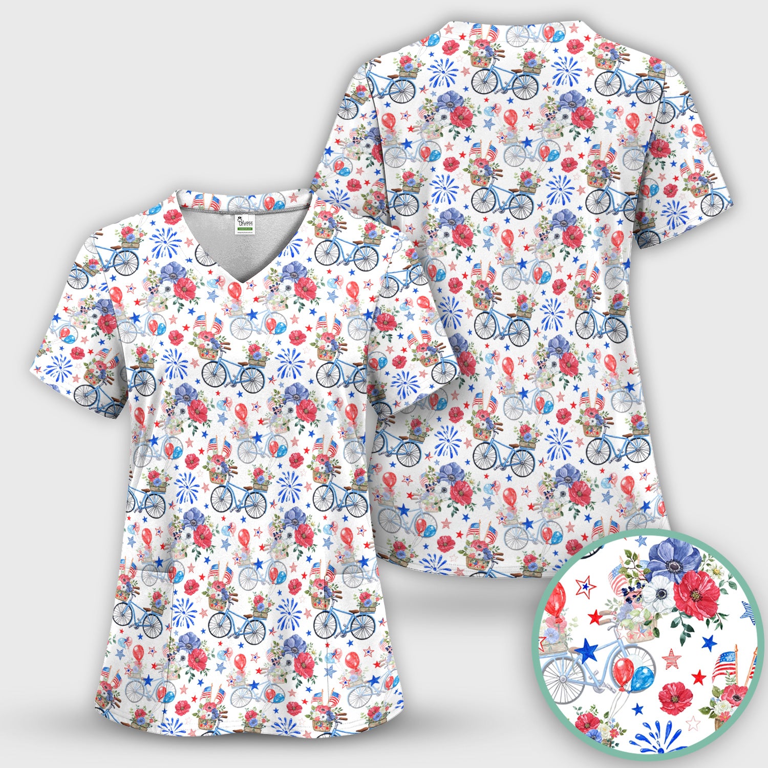 Patriotic Bicycle Floral Fireworks Print Scrub Set, Scrub Pants and V Neck Top