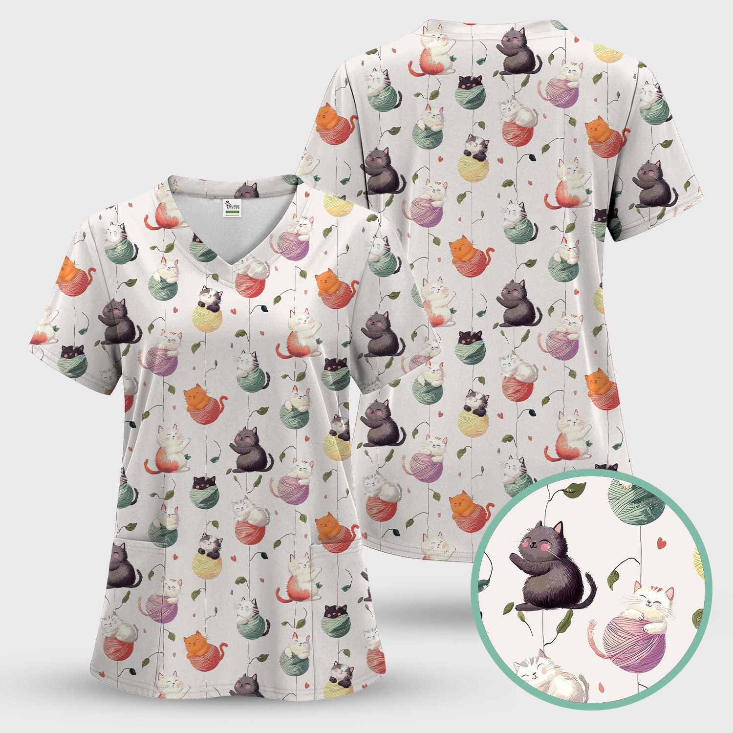 Cute Cats Playing Yarn Balls Pattern Print Scrub Top, Comfortable Scrubs for Nurses